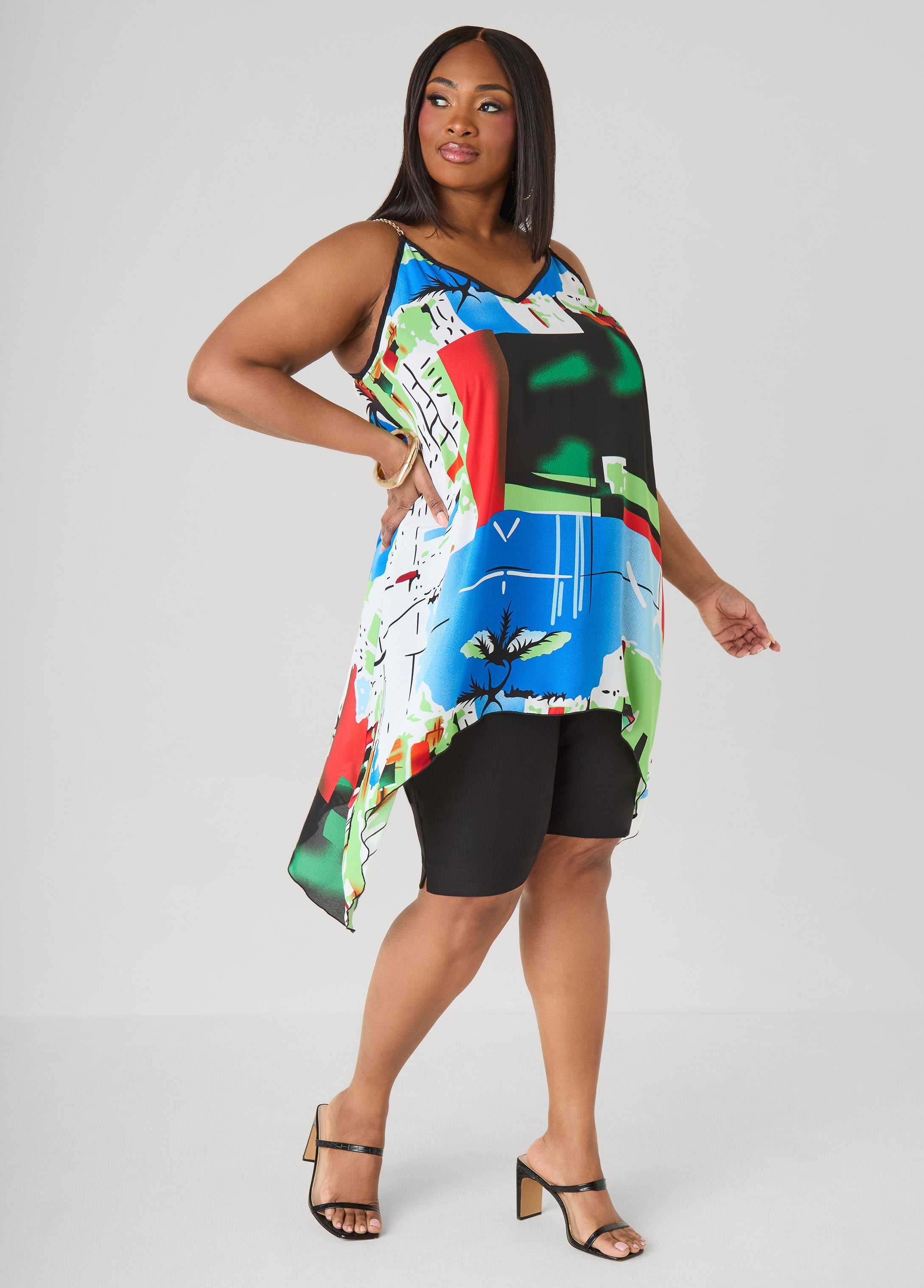 Chain Trimmed Abstract Print Top Multi | Ashley Stewart
