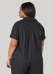 Cuffed Button Front Shirt Black | Ashley Stewart
