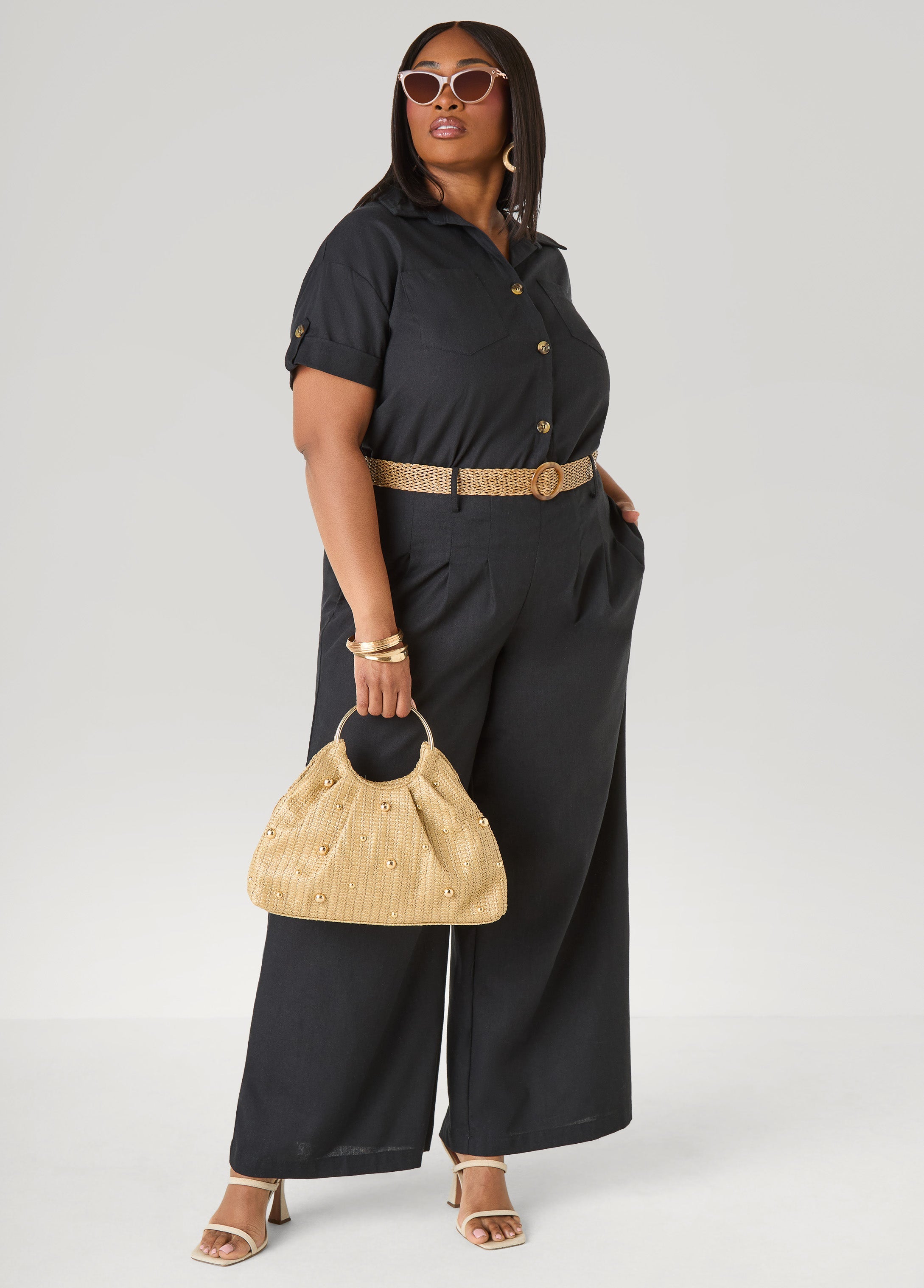 Cuffed Button Front Shirt Black | Ashley Stewart