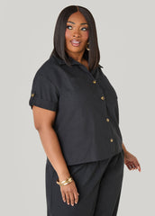 Cuffed Button Front Shirt Black | Ashley Stewart
