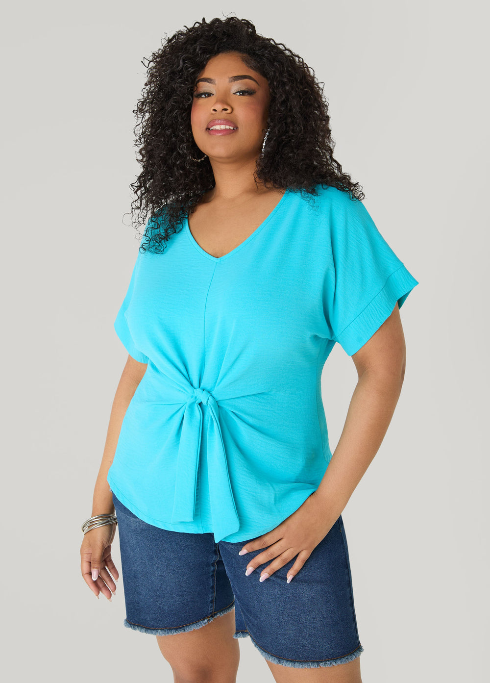 Tie Front V Neck Top Royal Blue | Ashley Stewart