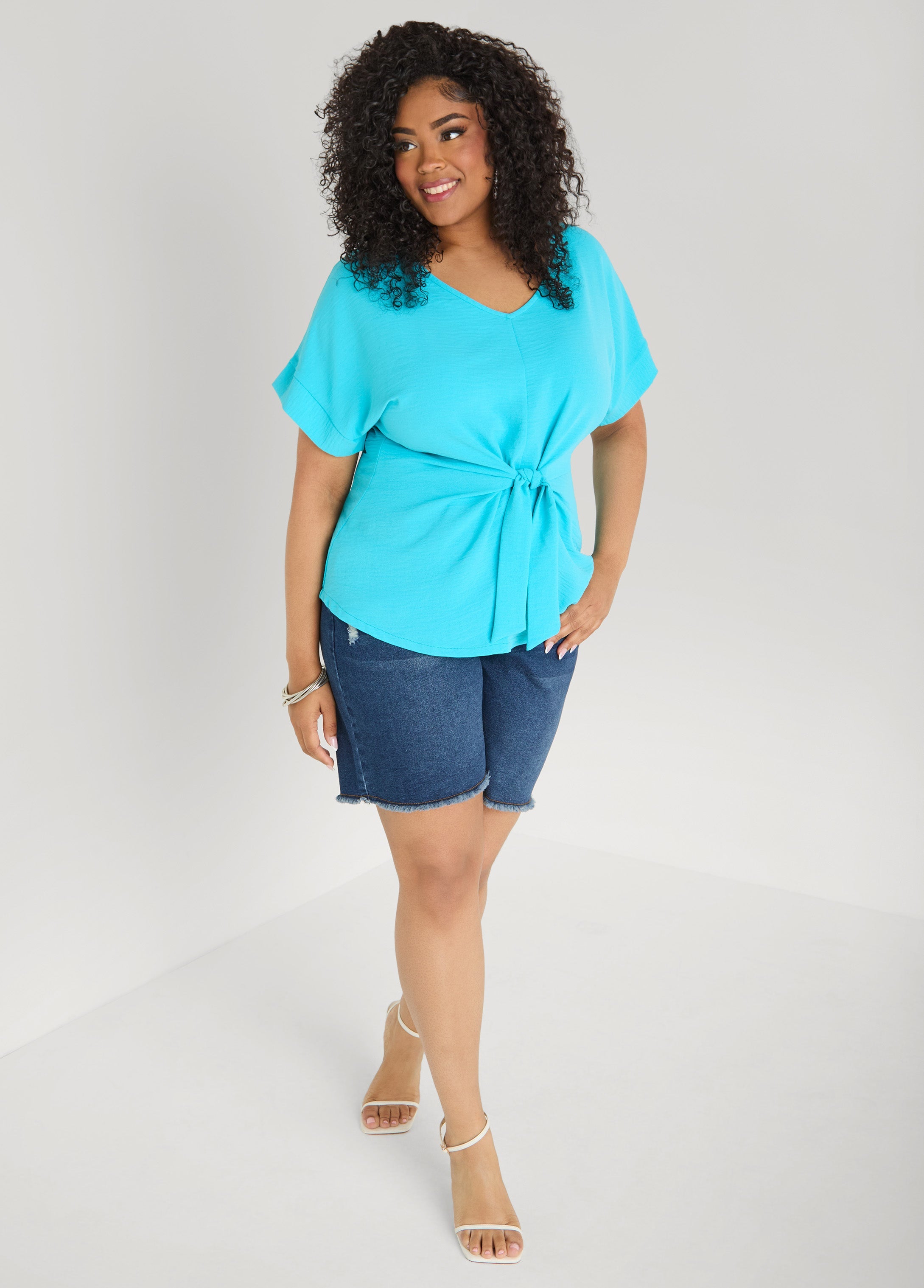 Tie Front V Neck Top Royal Blue | Ashley Stewart