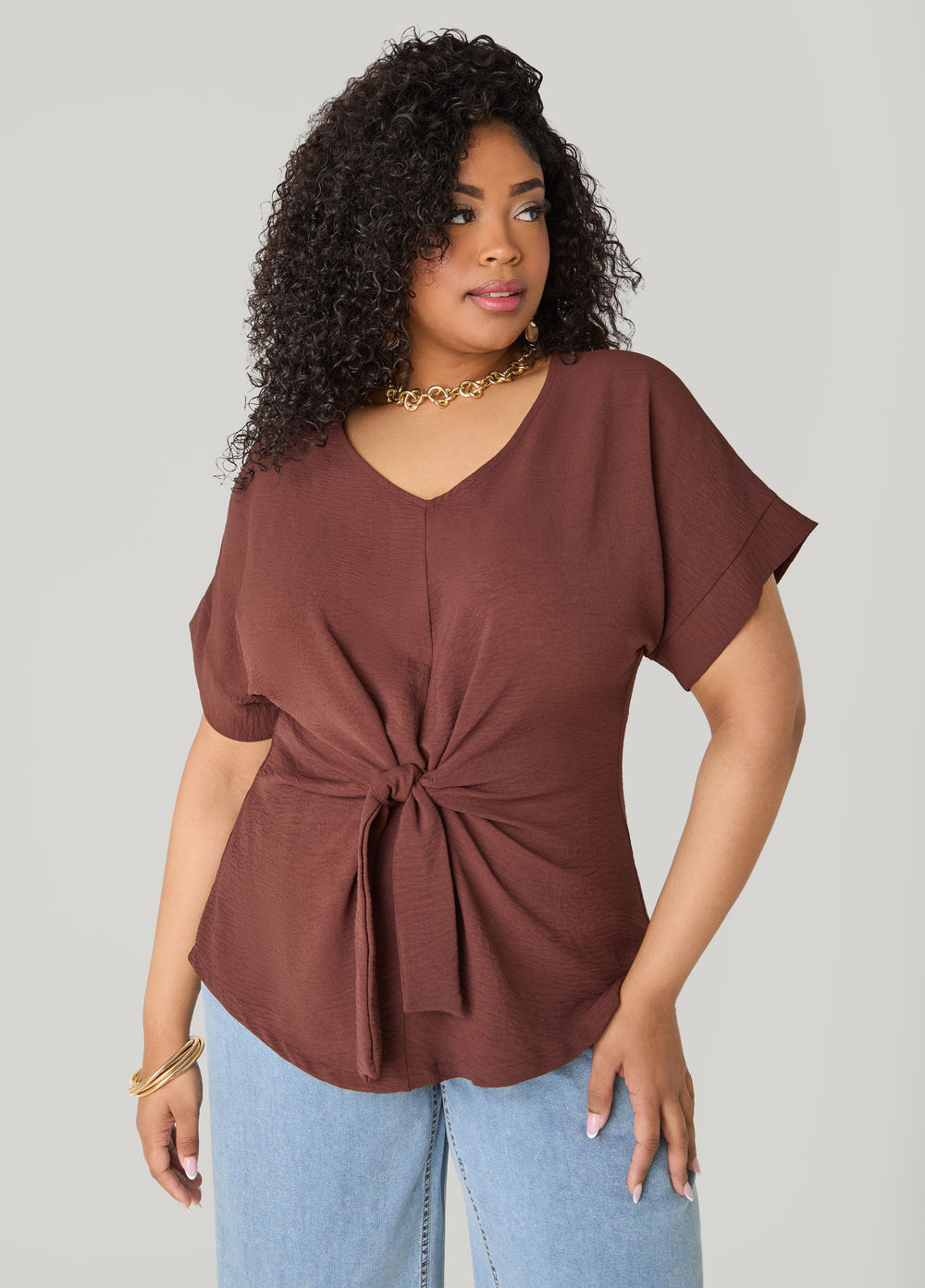 Tie Front V Neck Top Royal Blue | Ashley Stewart