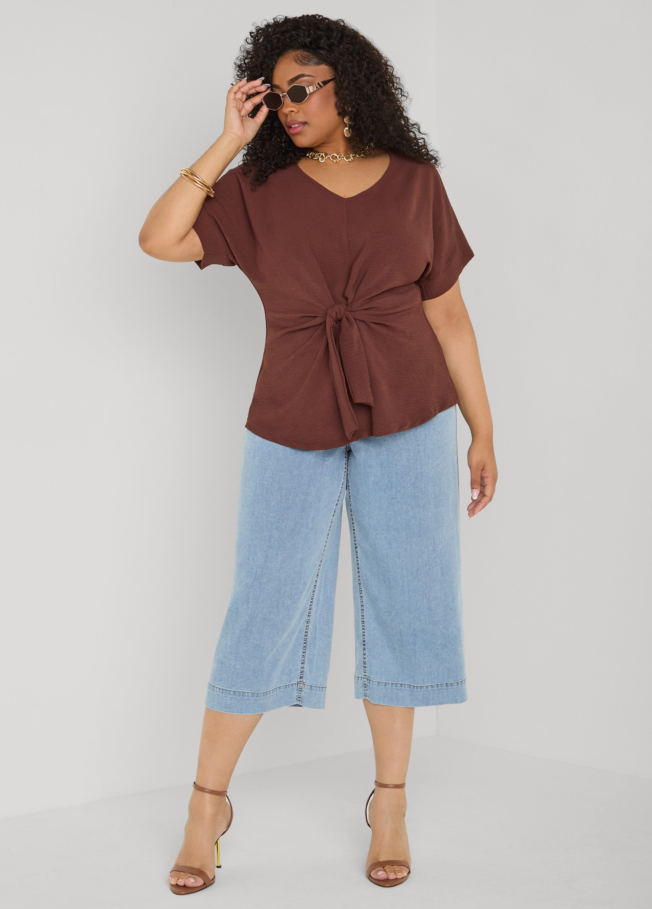 Tie Front V Neck Top Royal Blue | Ashley Stewart
