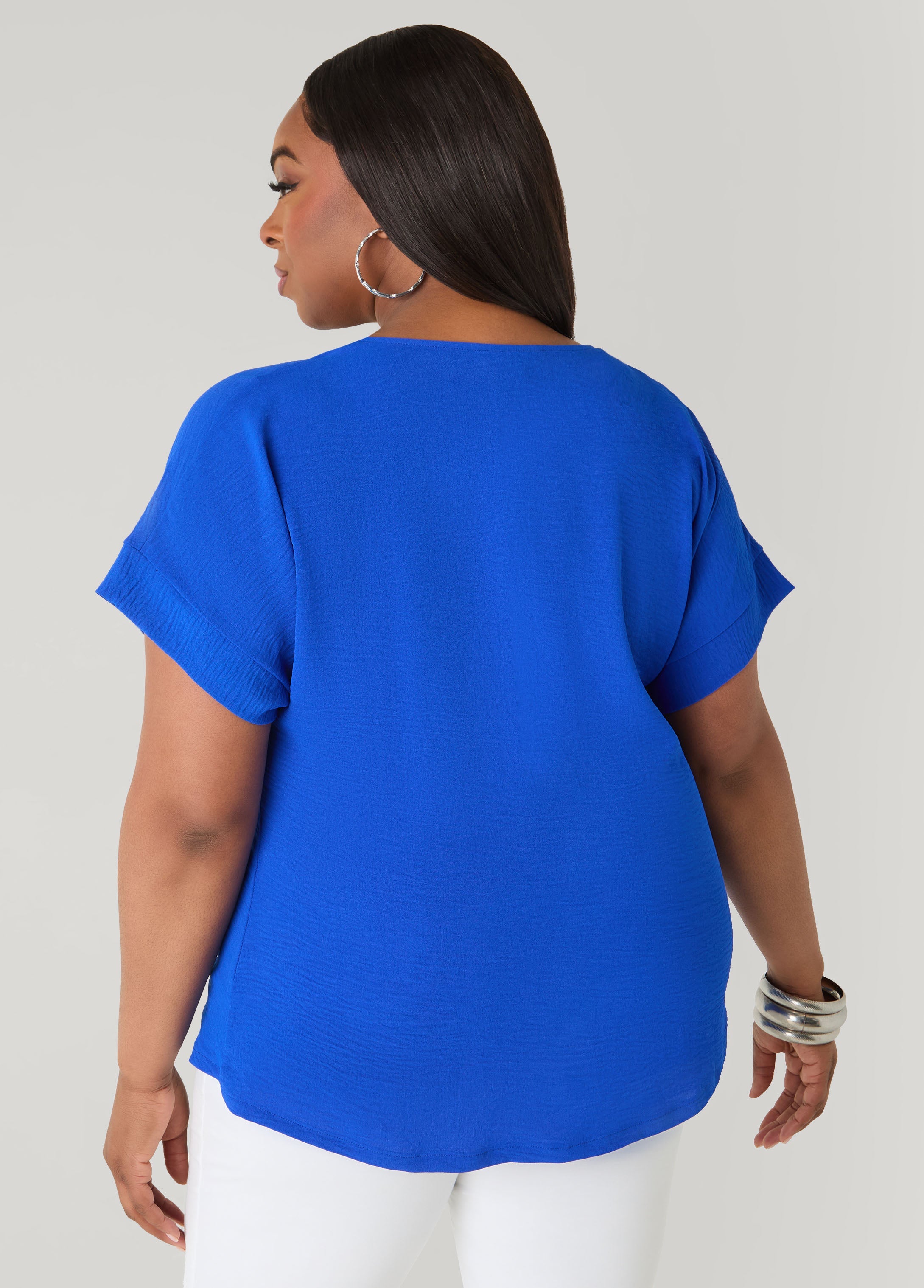 Tie Front V Neck Top Royal Blue | Ashley Stewart