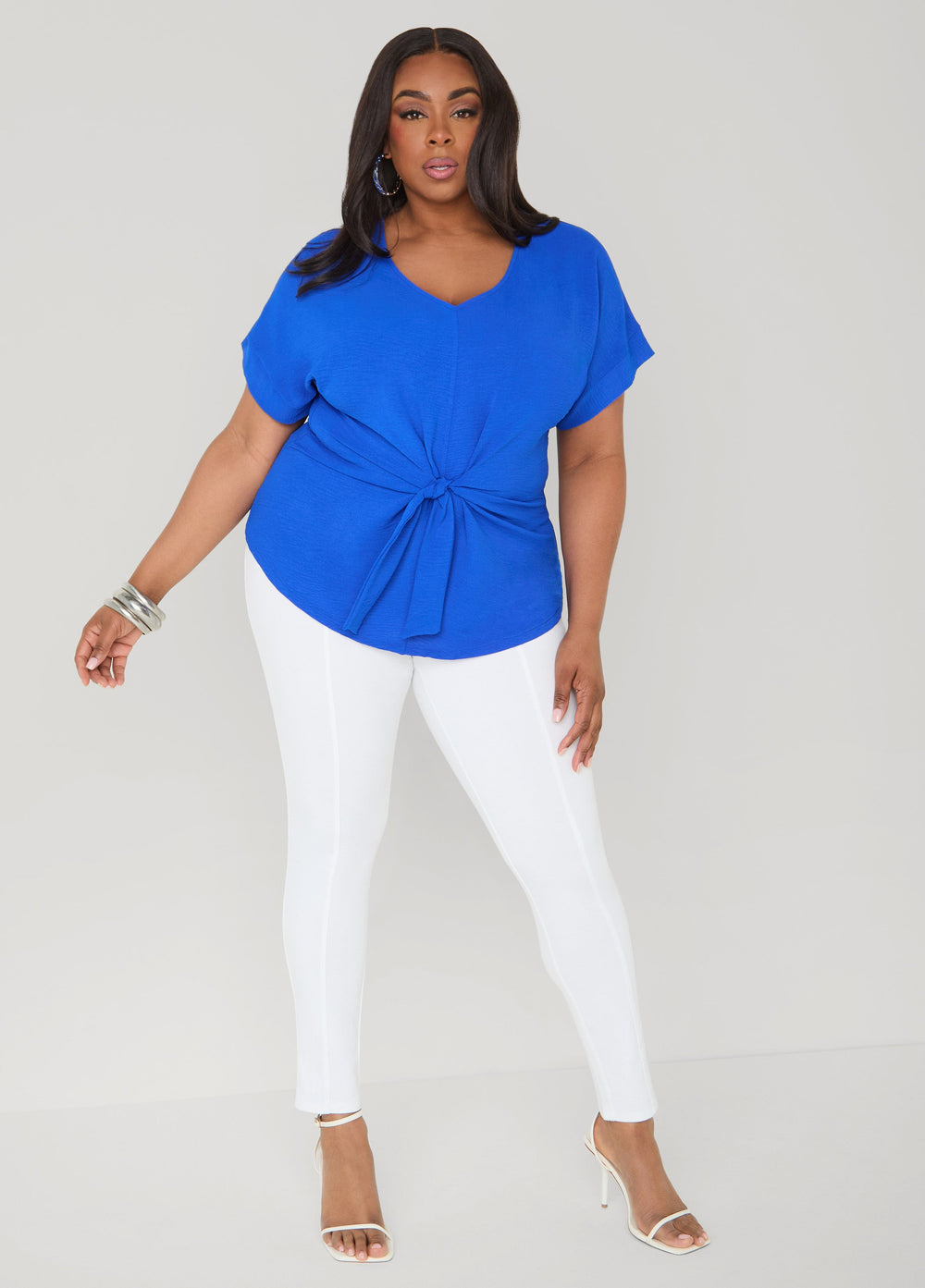 Tie Front V Neck Top Royal Blue | Ashley Stewart