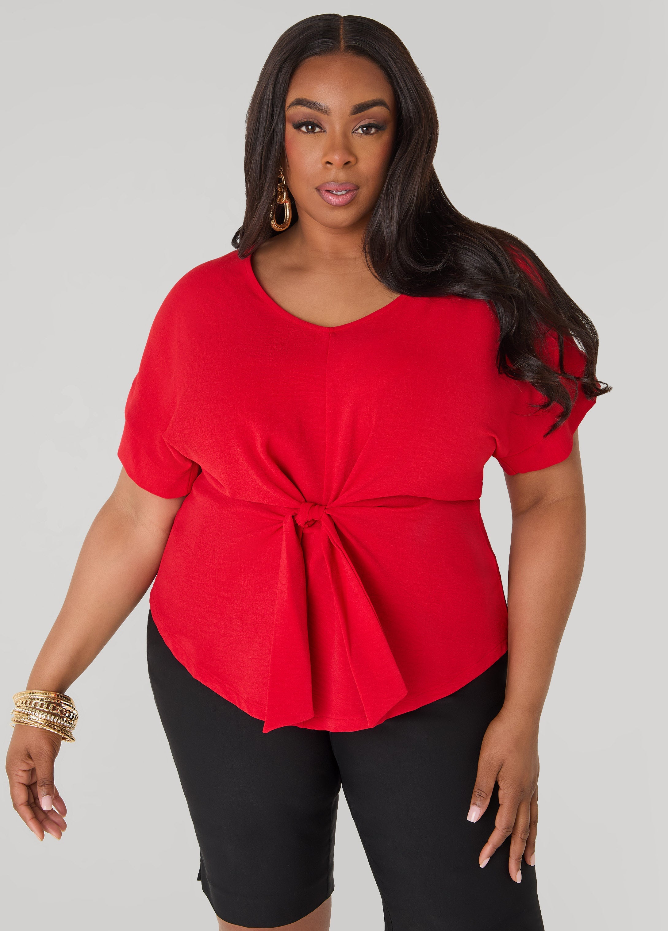 Tie Front V Neck Top Royal Blue | Ashley Stewart