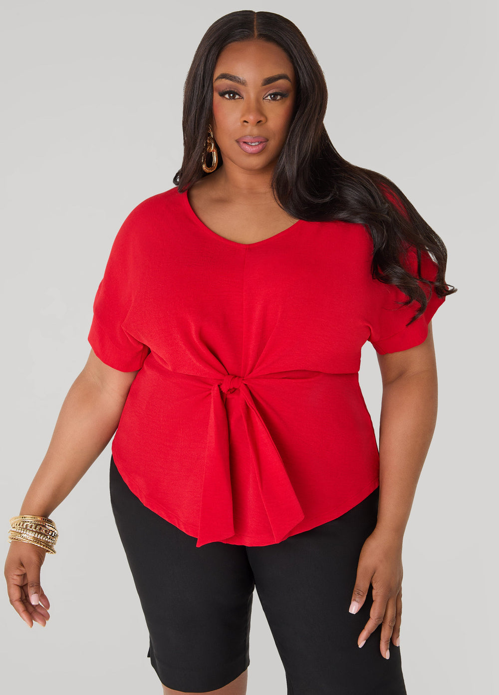 Tie Front V Neck Top Royal Blue | Ashley Stewart