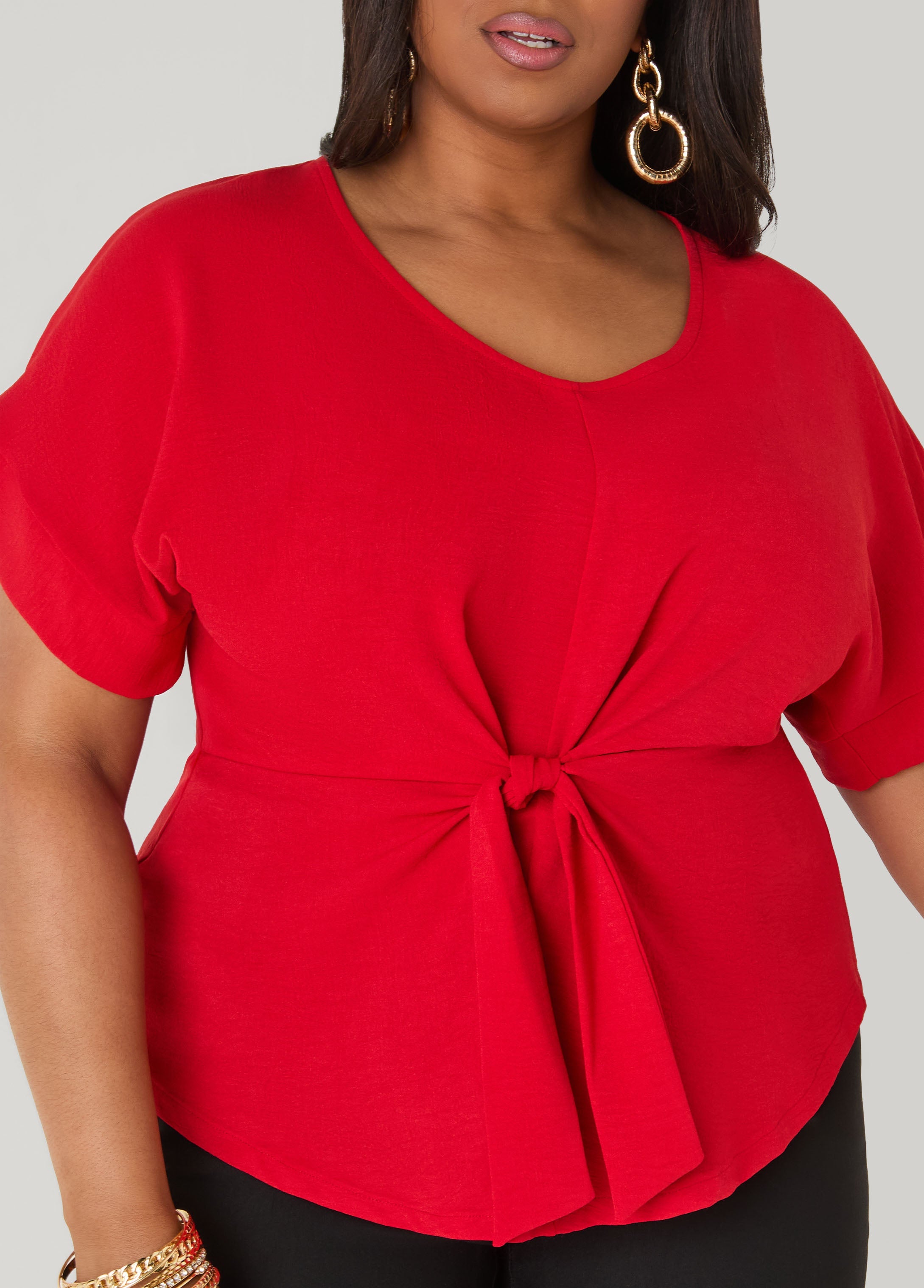 Tie Front V Neck Top Royal Blue | Ashley Stewart
