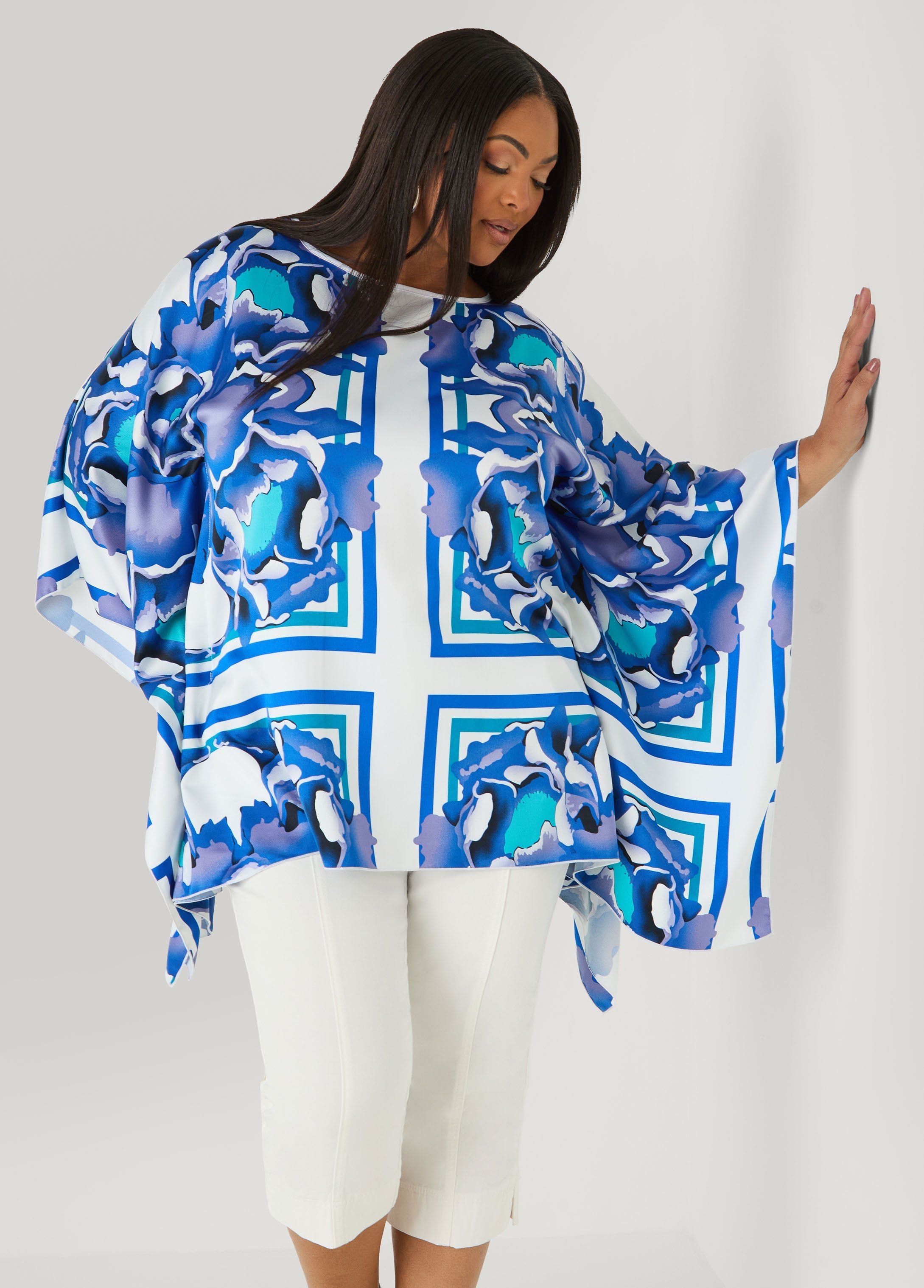 Floral Satin Tunic Victoria Blue | Ashley Stewart