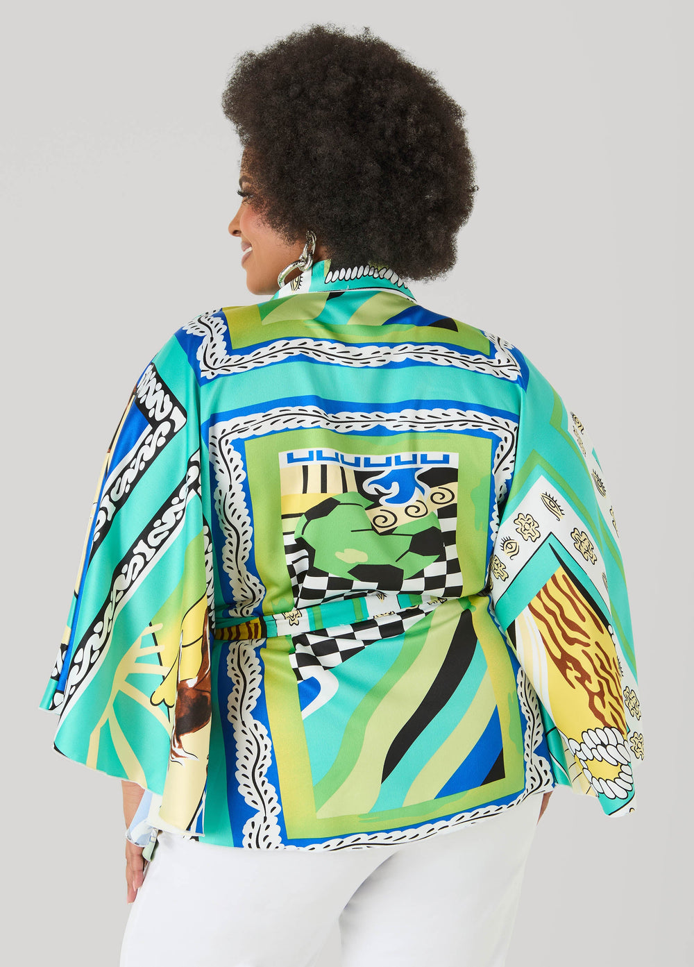Belted Printed Satin Kimono Multi | Ashley Stewart