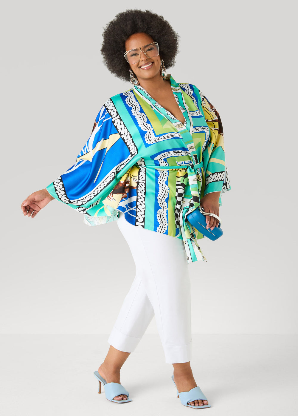Belted Printed Satin Kimono Multi | Ashley Stewart