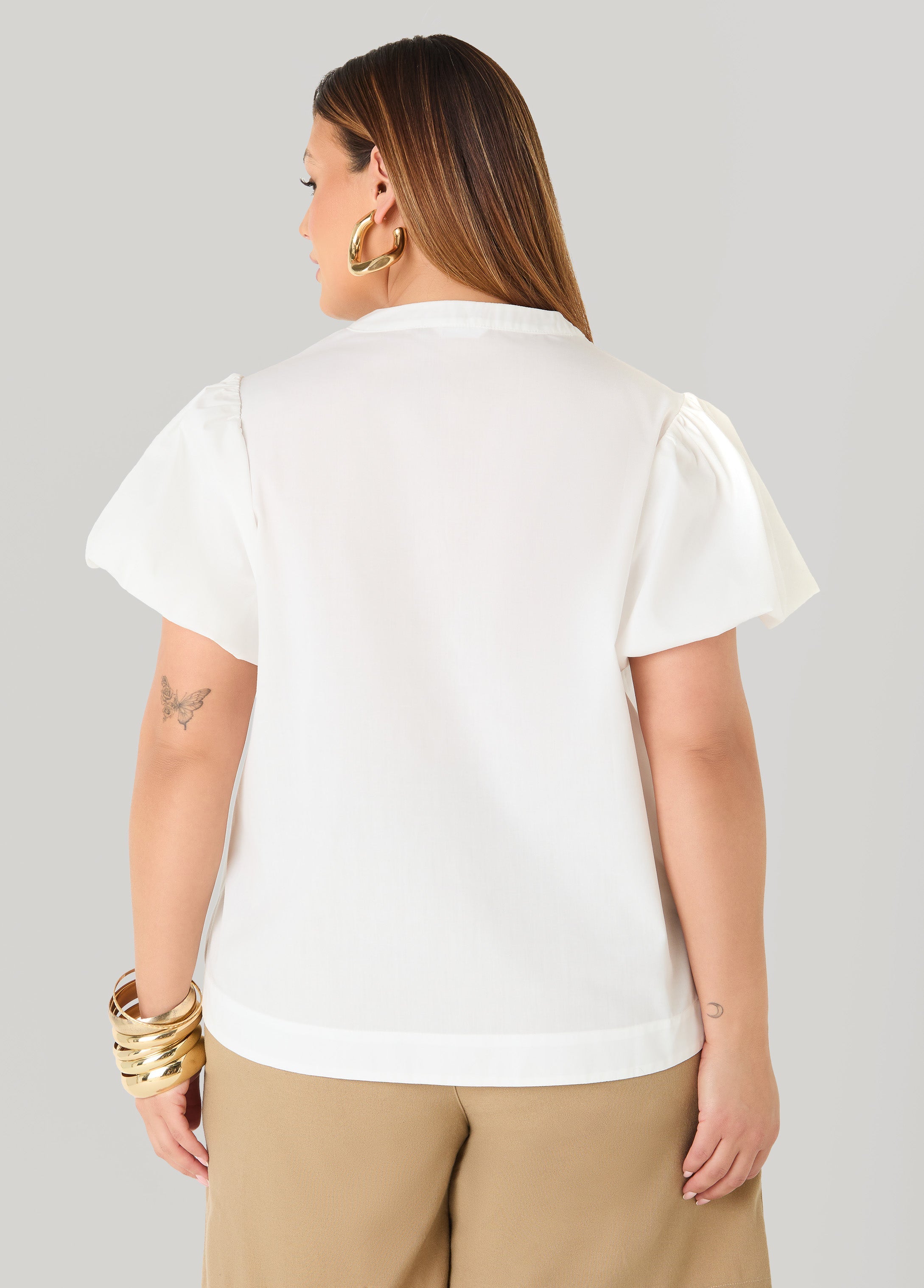 Puff Sleeve Embroidered Top Denim | Ashley Stewart