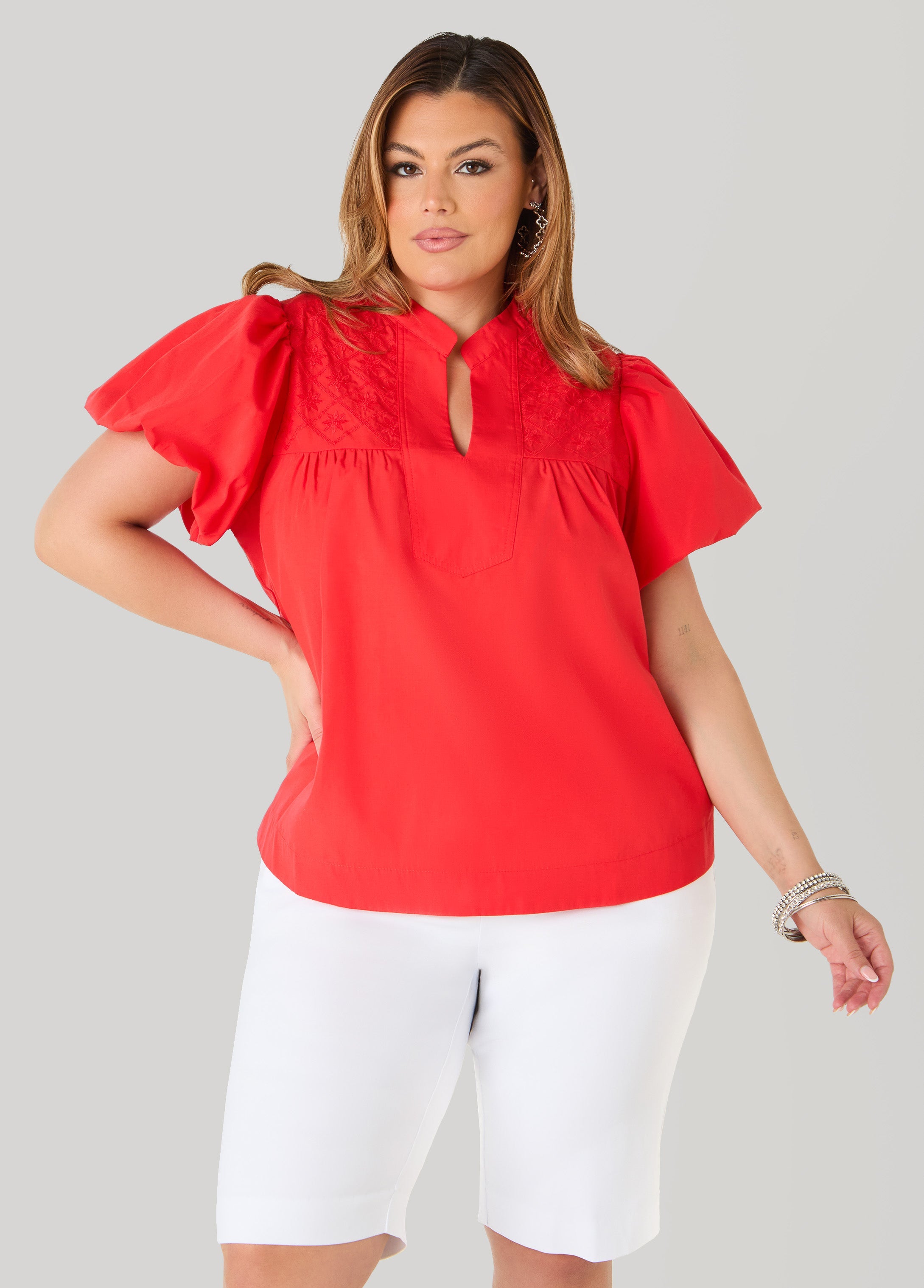 Puff Sleeve Embroidered Top Denim | Ashley Stewart