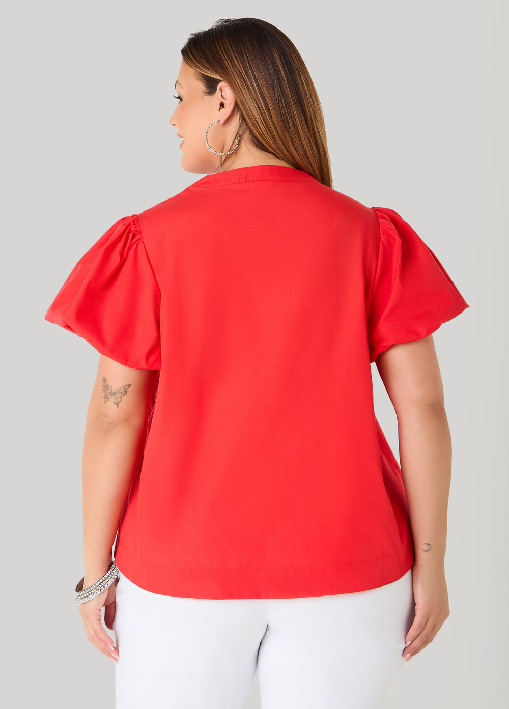 Puff Sleeve Embroidered Top Denim | Ashley Stewart