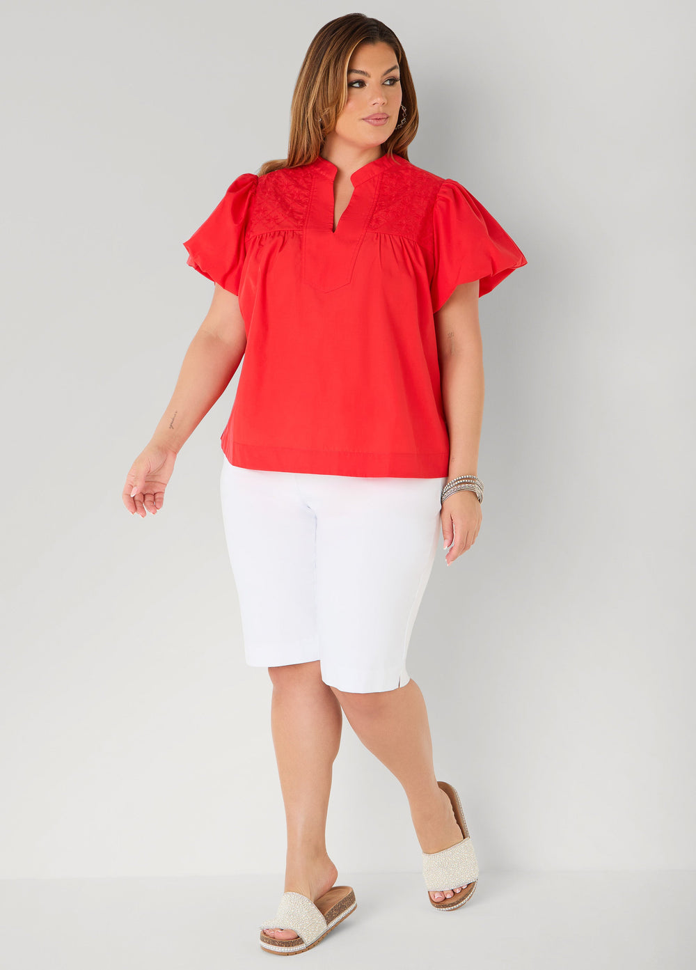 Puff Sleeve Embroidered Top Denim | Ashley Stewart