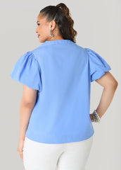 Puff Sleeve Embroidered Top Denim | Ashley Stewart
