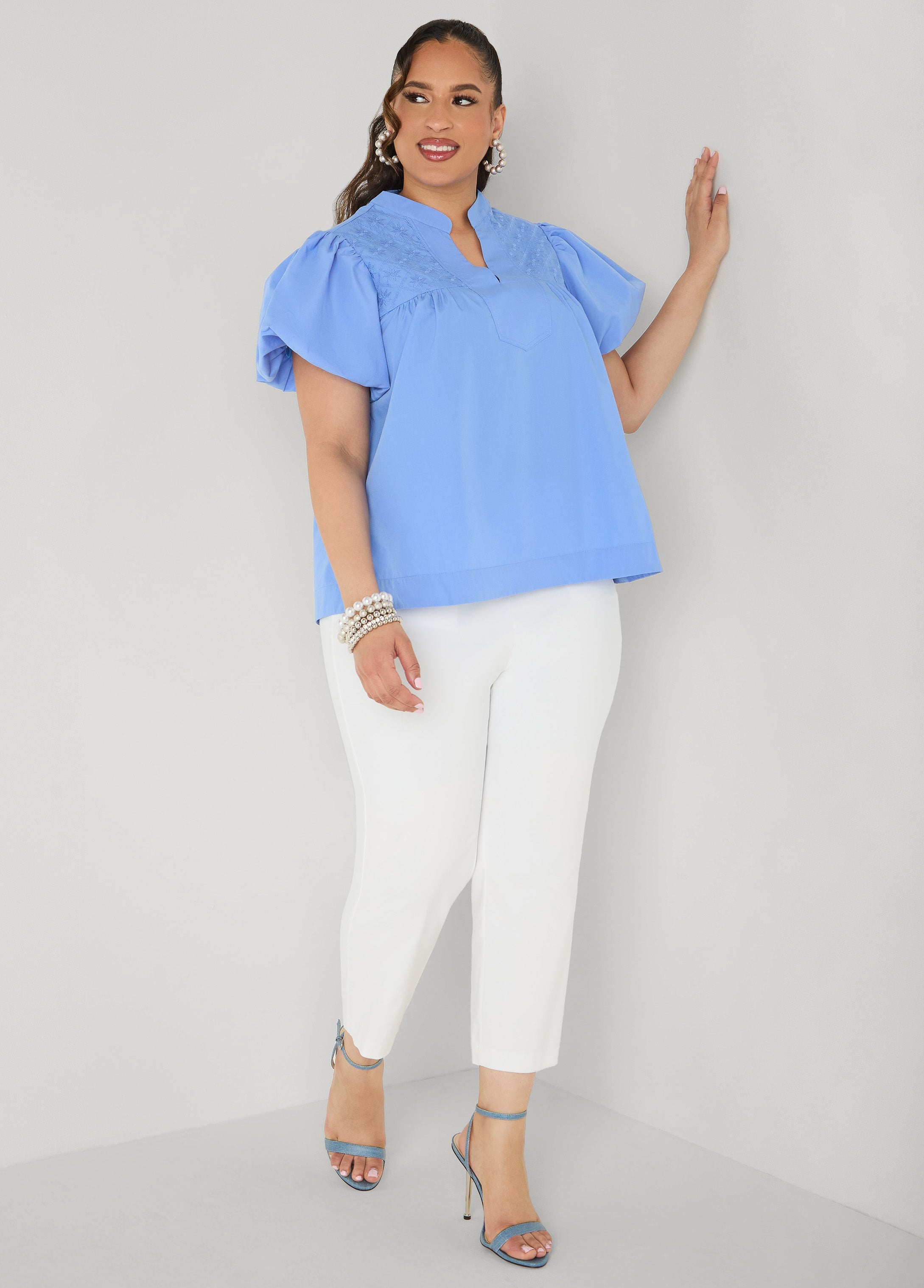 Puff Sleeve Embroidered Top Denim | Ashley Stewart