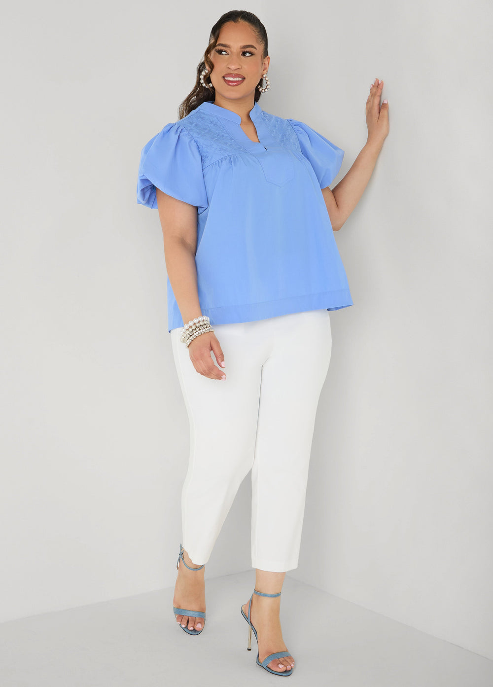 Puff Sleeve Embroidered Top Denim | Ashley Stewart
