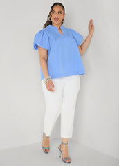 Puff Sleeve Embroidered Top Denim | Ashley Stewart