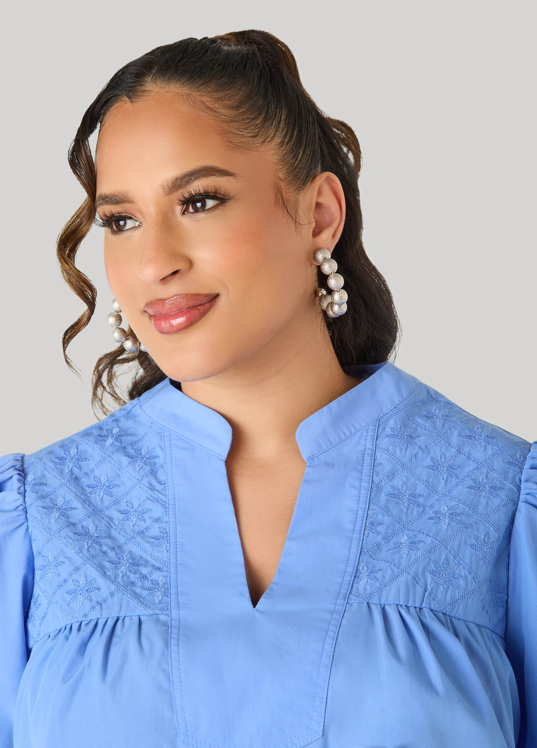 Puff Sleeve Embroidered Top Denim | Ashley Stewart