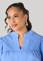 Puff Sleeve Embroidered Top Denim | Ashley Stewart