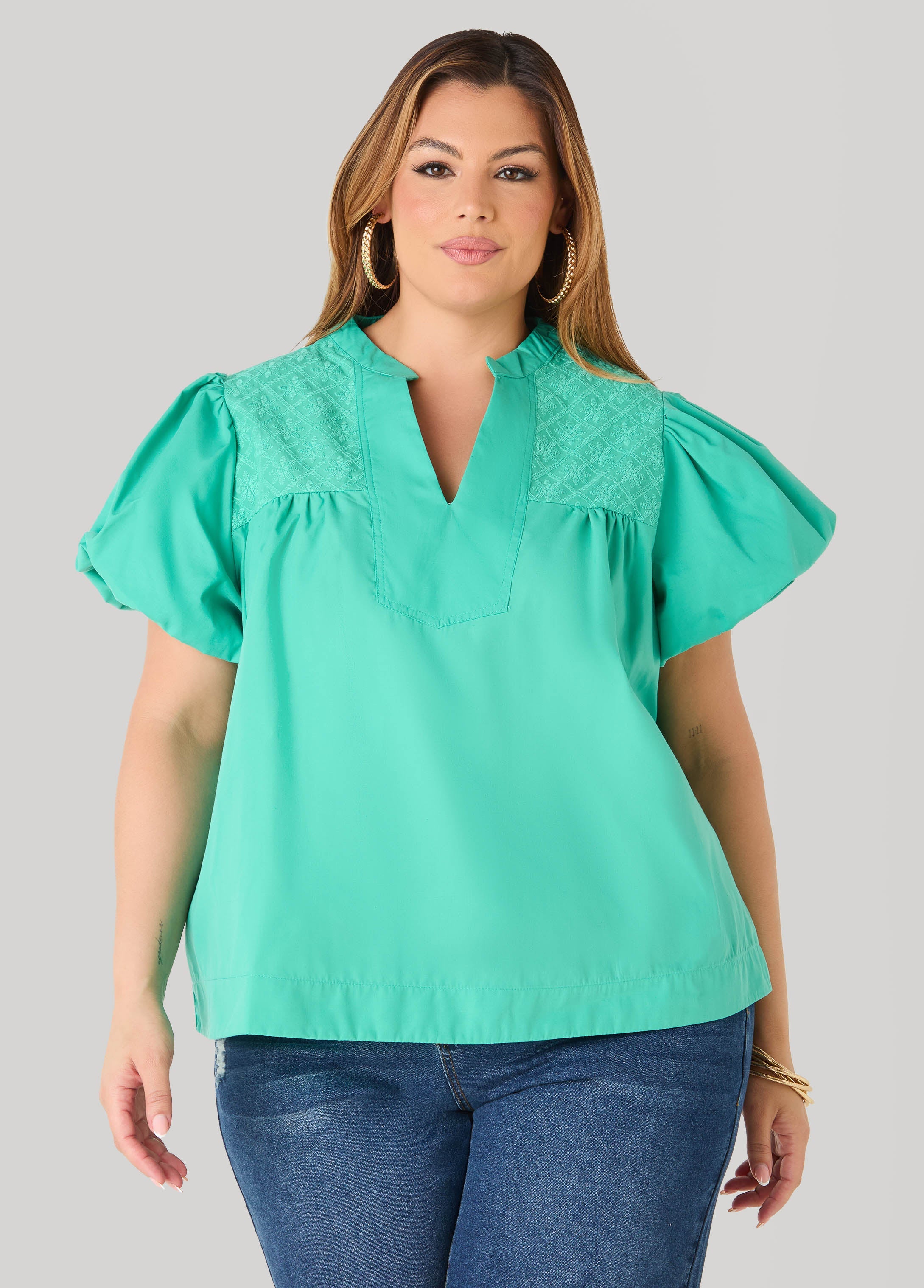 Puff Sleeve Embroidered Top Denim | Ashley Stewart