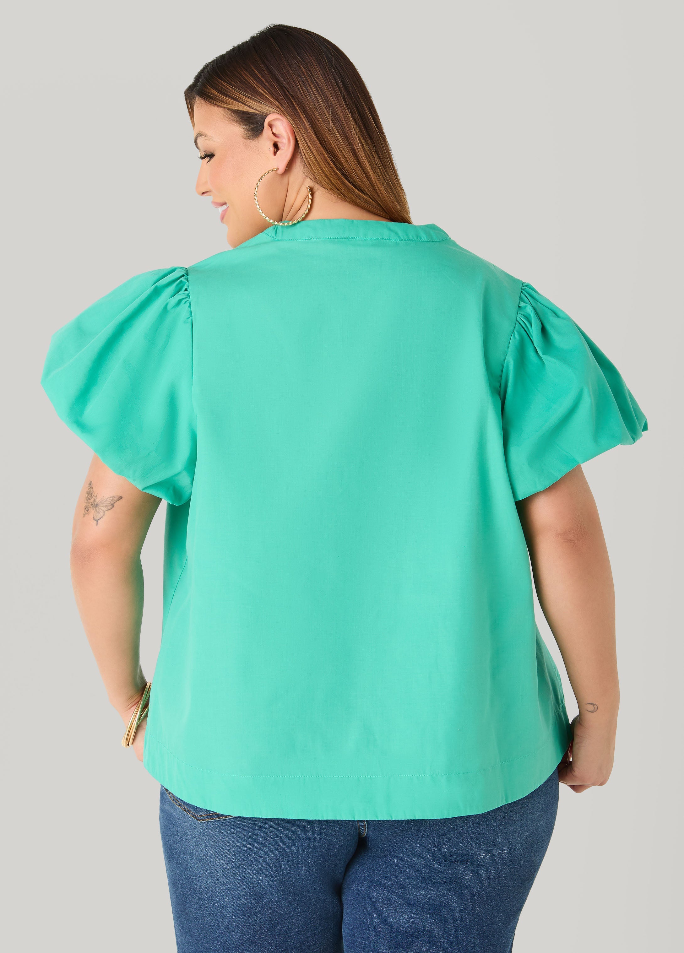 Puff Sleeve Embroidered Top Denim | Ashley Stewart