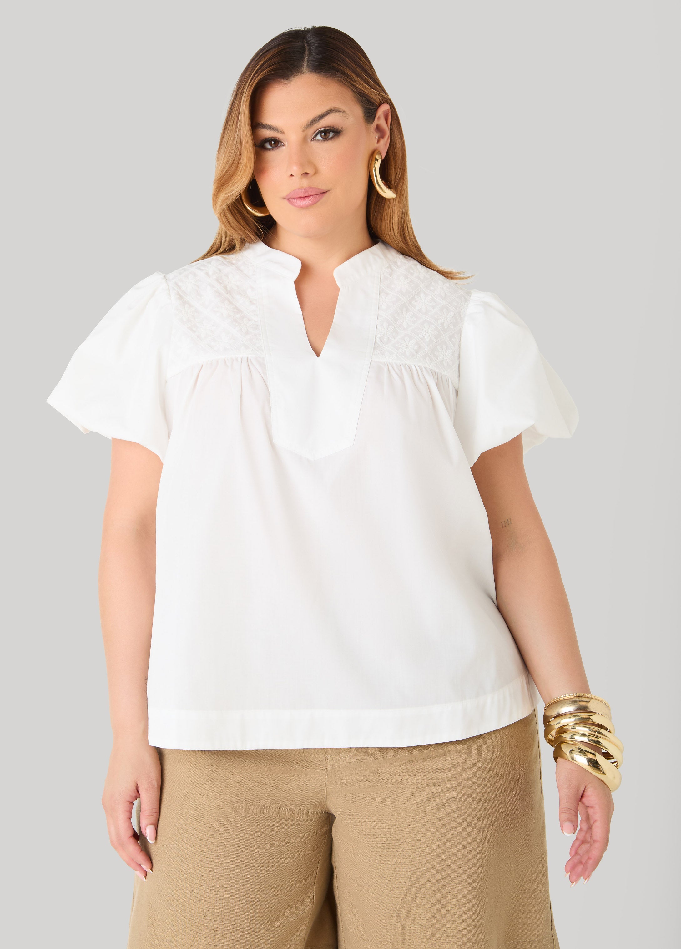 Puff Sleeve Embroidered Top Denim | Ashley Stewart