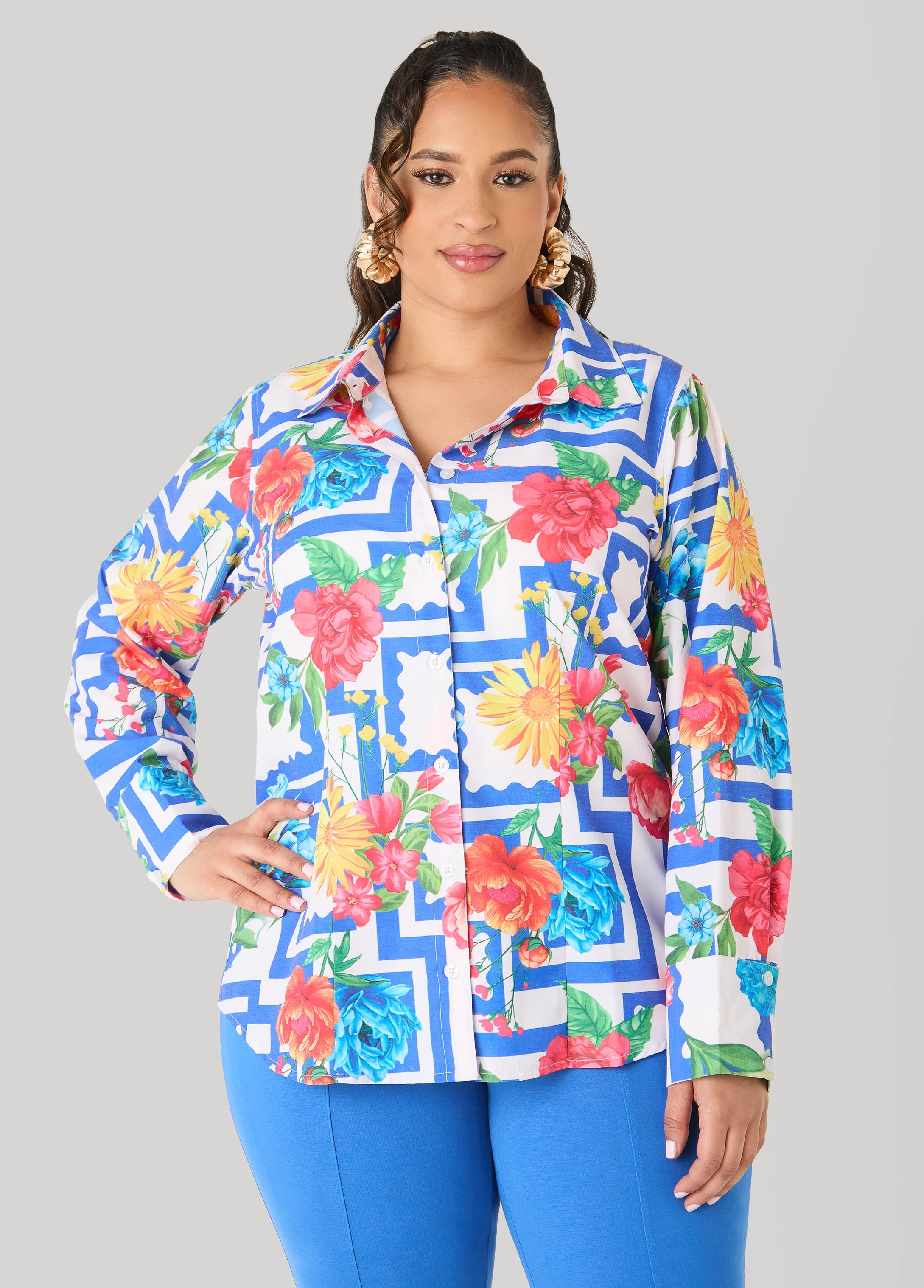 Floral Print Collared Shirt Victoria Blue | Ashley Stewart