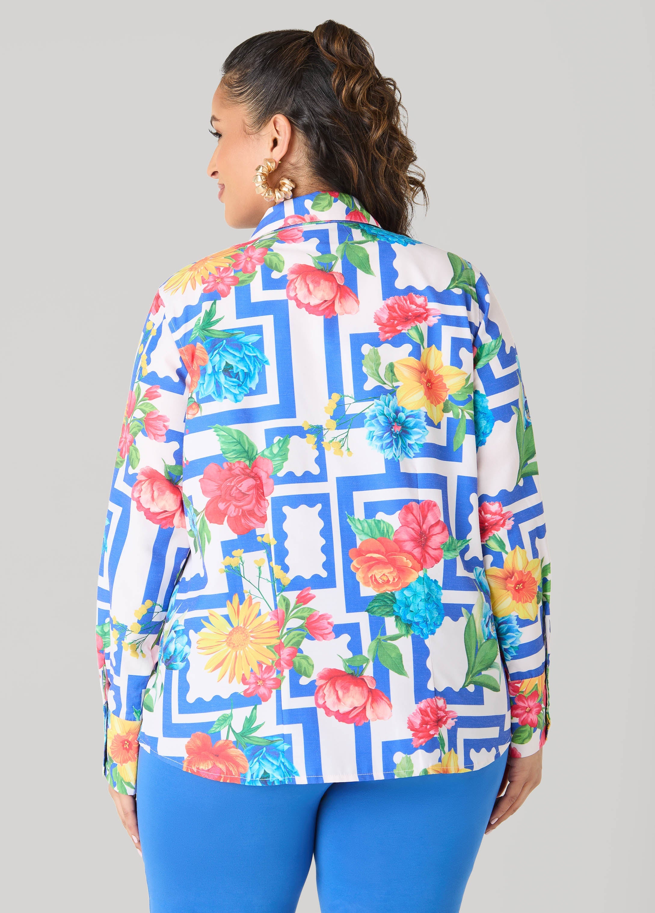 Floral Print Collared Shirt Victoria Blue | Ashley Stewart