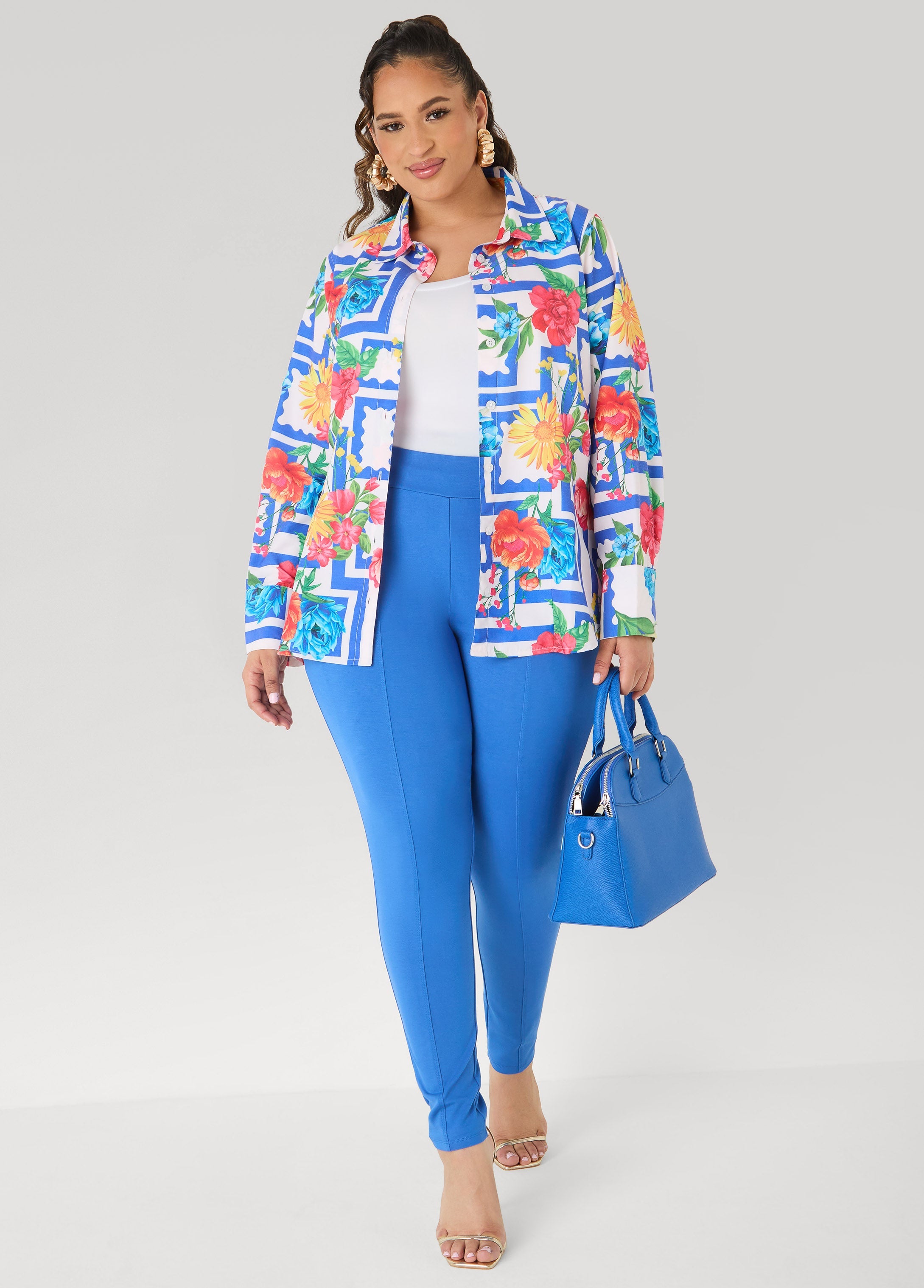 Floral Print Collared Shirt Victoria Blue | Ashley Stewart