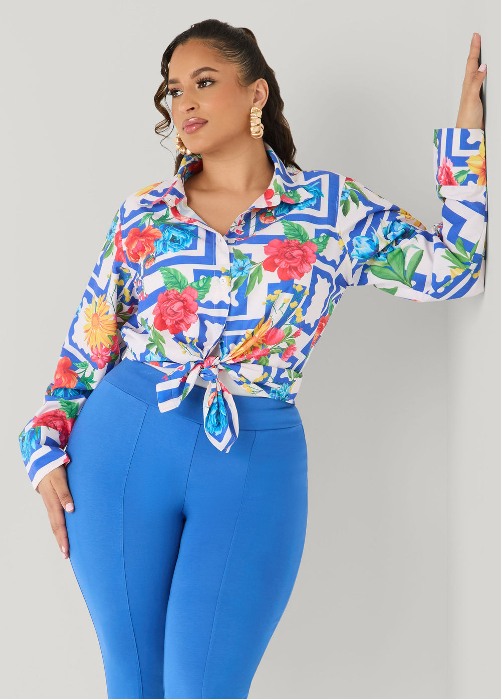 Floral Print Collared Shirt Victoria Blue | Ashley Stewart