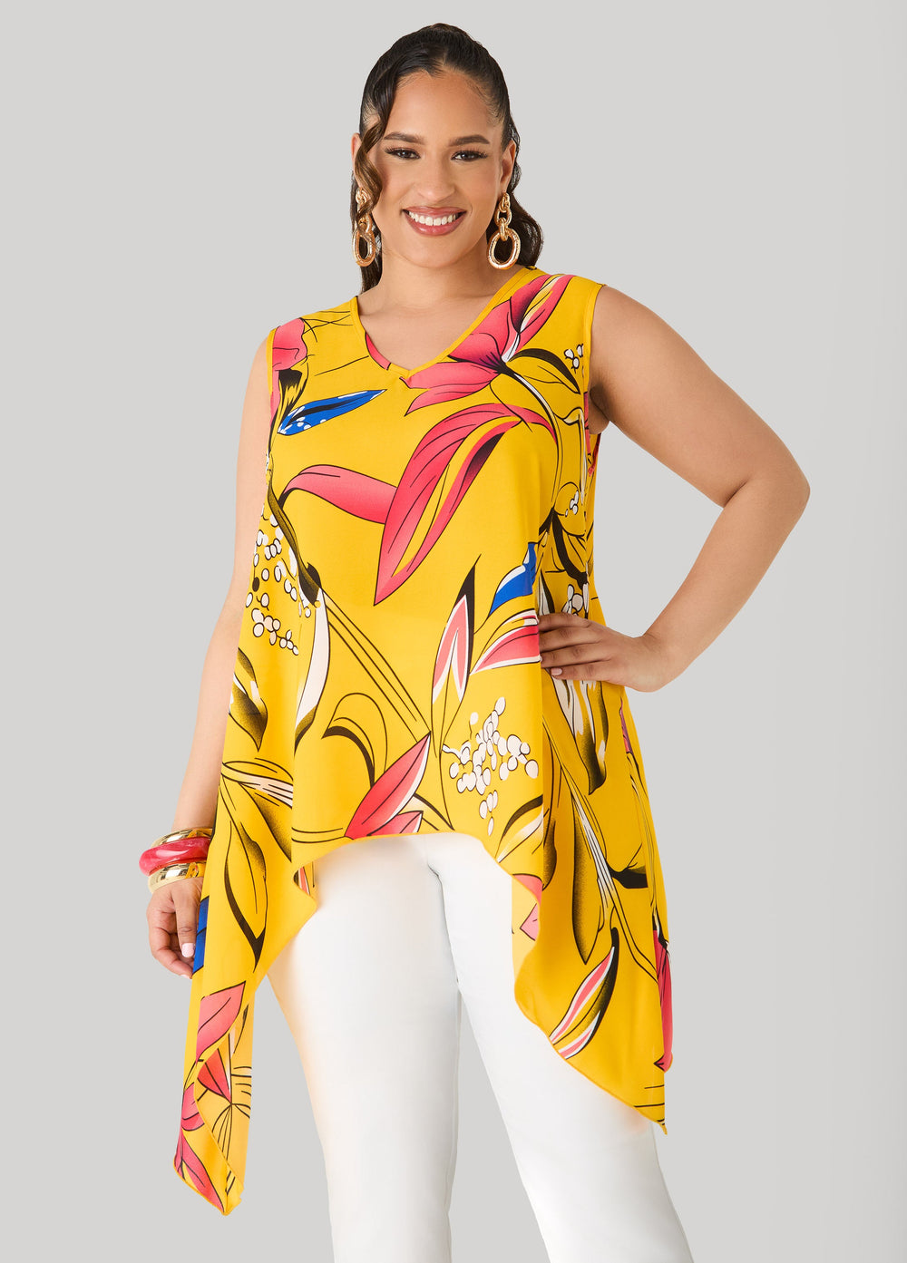 Floral Print Handkerchief Top Spectra Yellow | Ashley Stewart