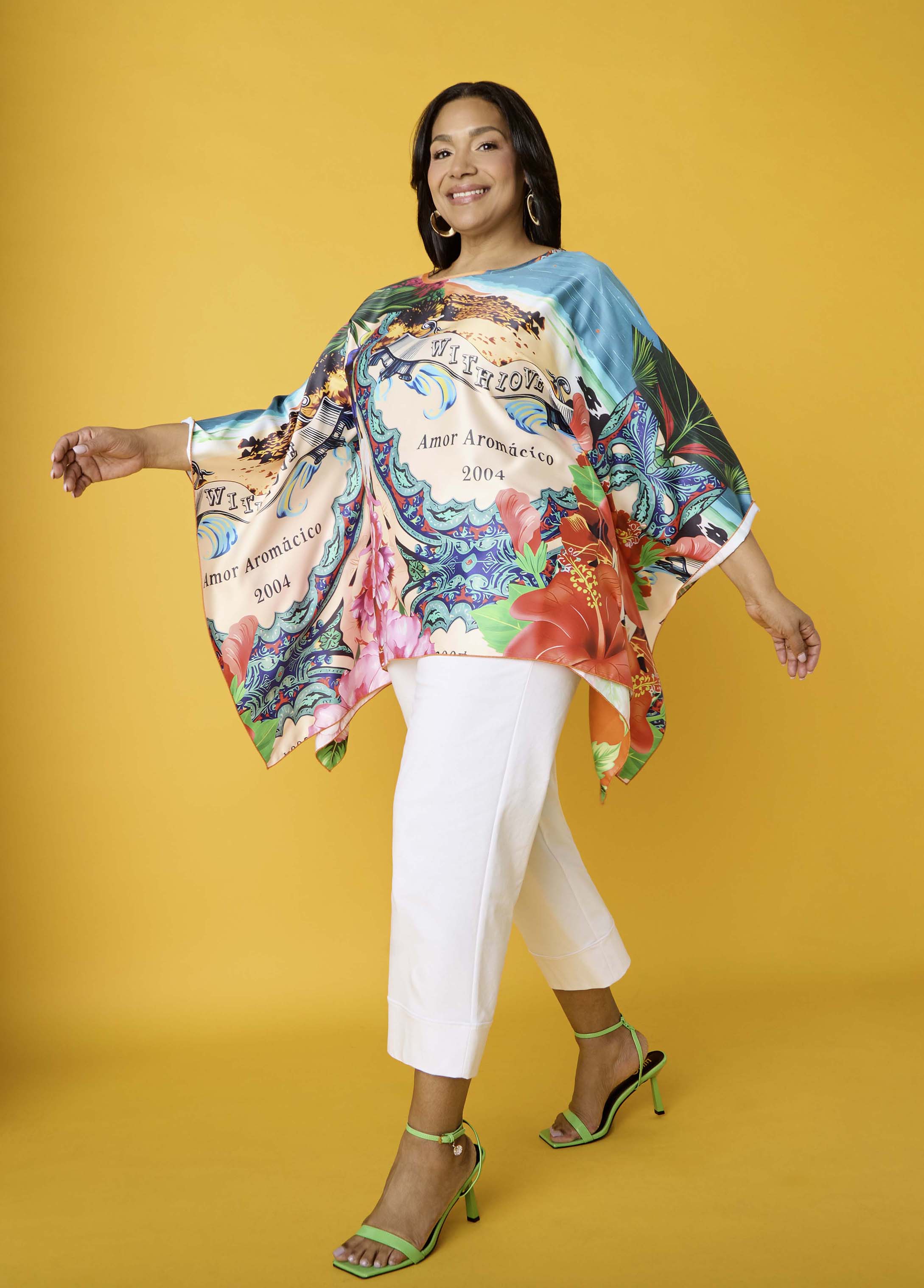 Postcard Print Satin Tunic Persimmon Orange | Ashley Stewart