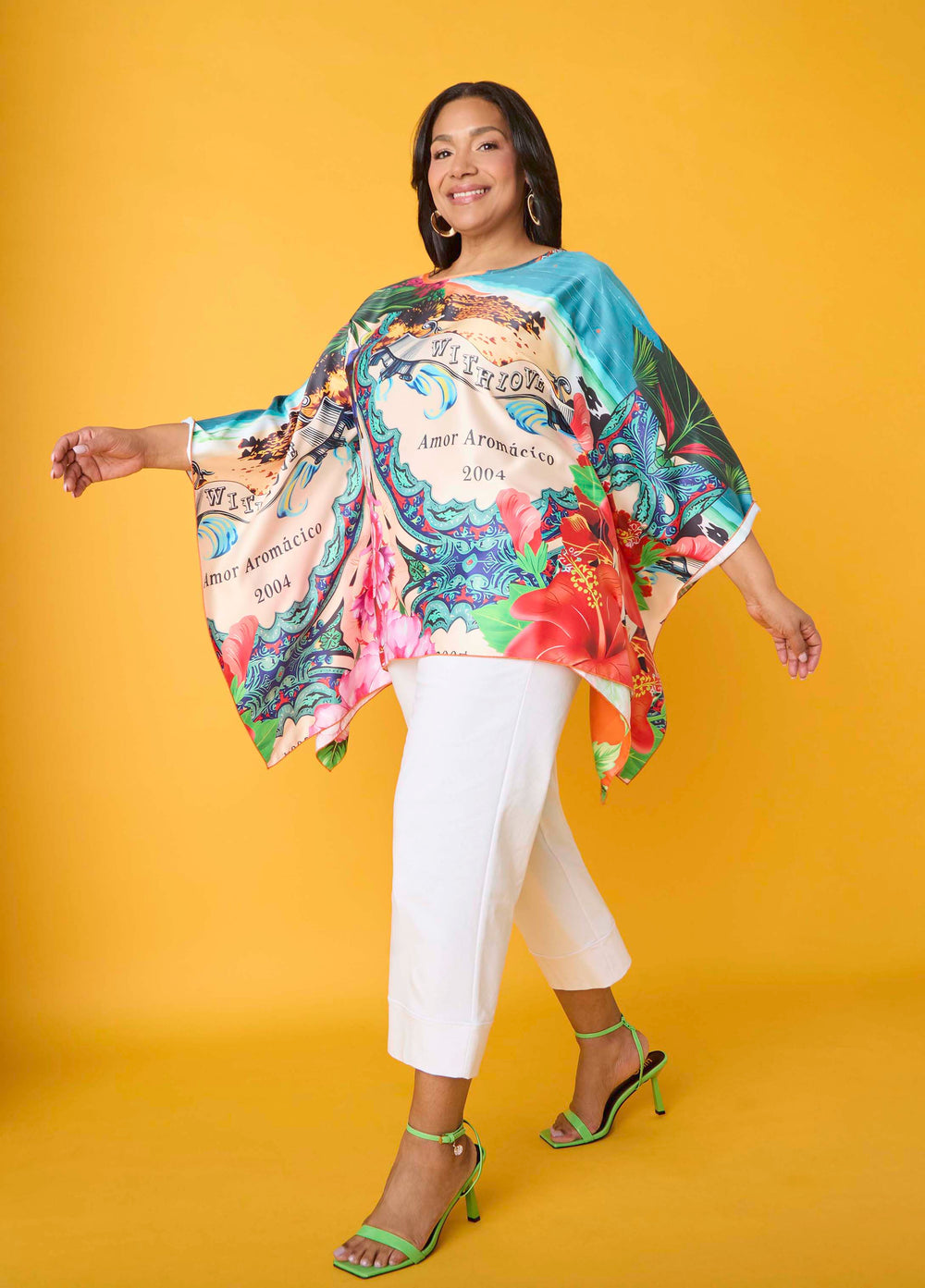 Postcard Print Satin Tunic Persimmon Orange | Ashley Stewart