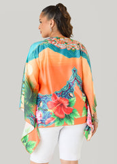 Postcard Print Satin Tunic Persimmon Orange | Ashley Stewart