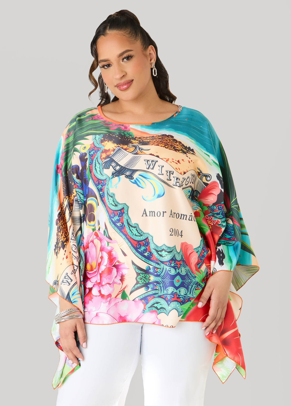 Postcard Print Satin Tunic Persimmon Orange | Ashley Stewart
