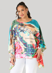 Postcard Print Satin Tunic Persimmon Orange | Ashley Stewart