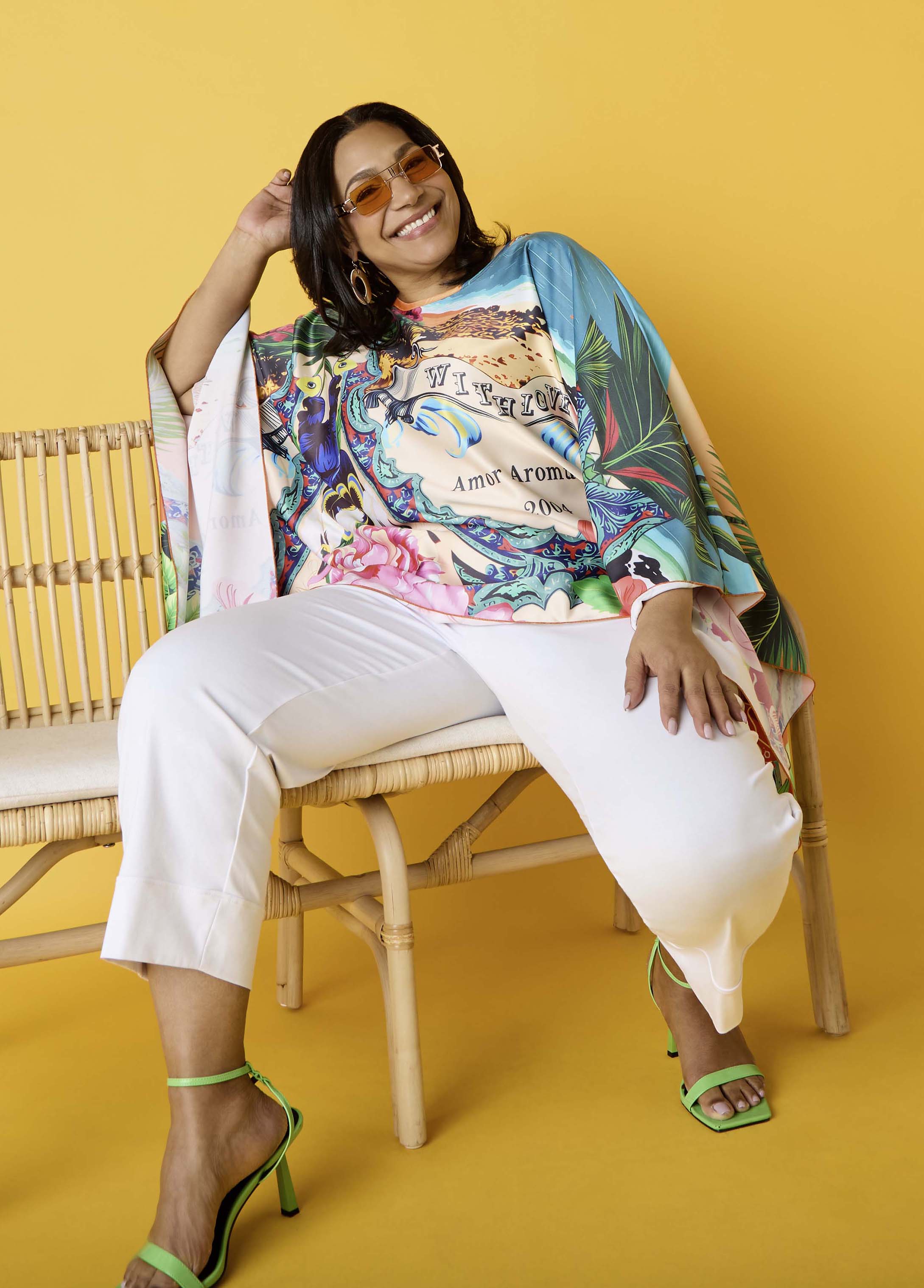 Postcard Print Satin Tunic Persimmon Orange | Ashley Stewart