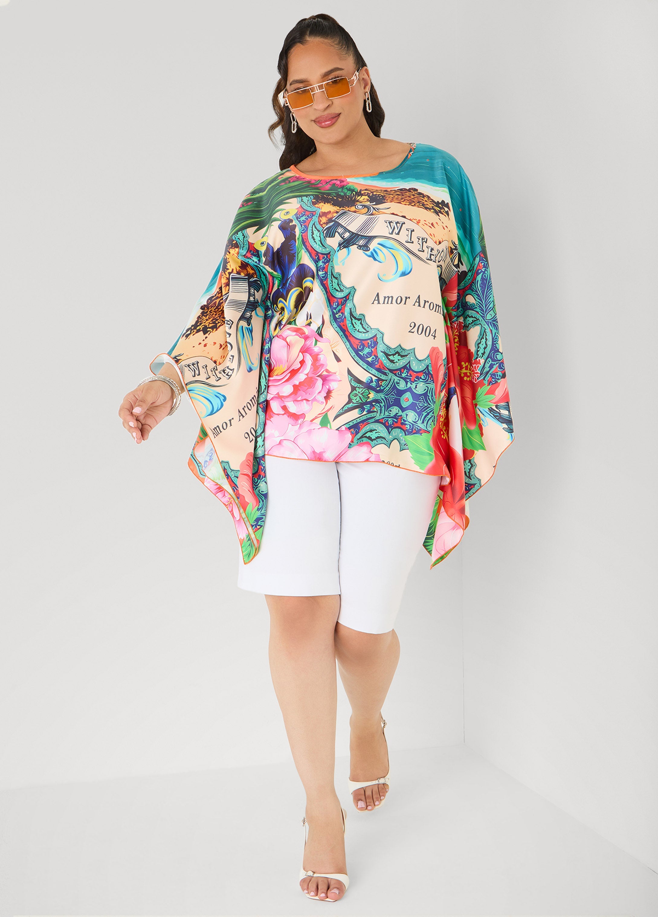 Postcard Print Satin Tunic Persimmon Orange | Ashley Stewart