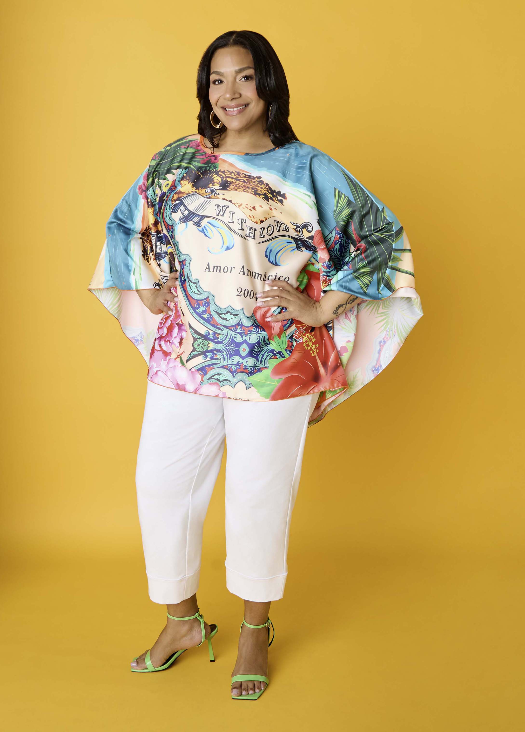 Postcard Print Satin Tunic Persimmon Orange | Ashley Stewart