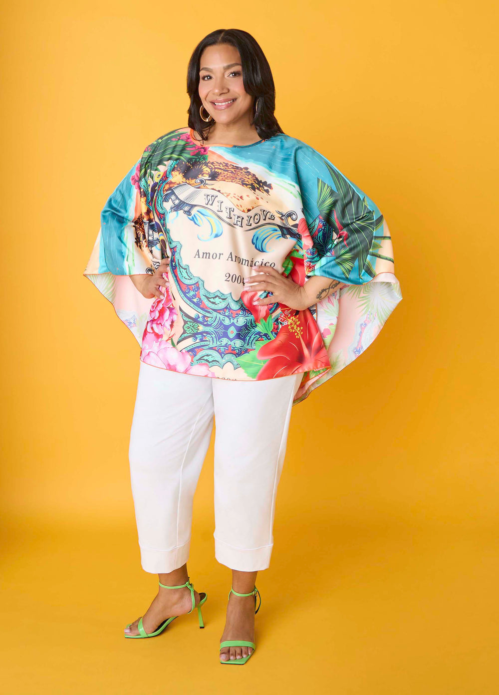 Postcard Print Satin Tunic Persimmon Orange | Ashley Stewart