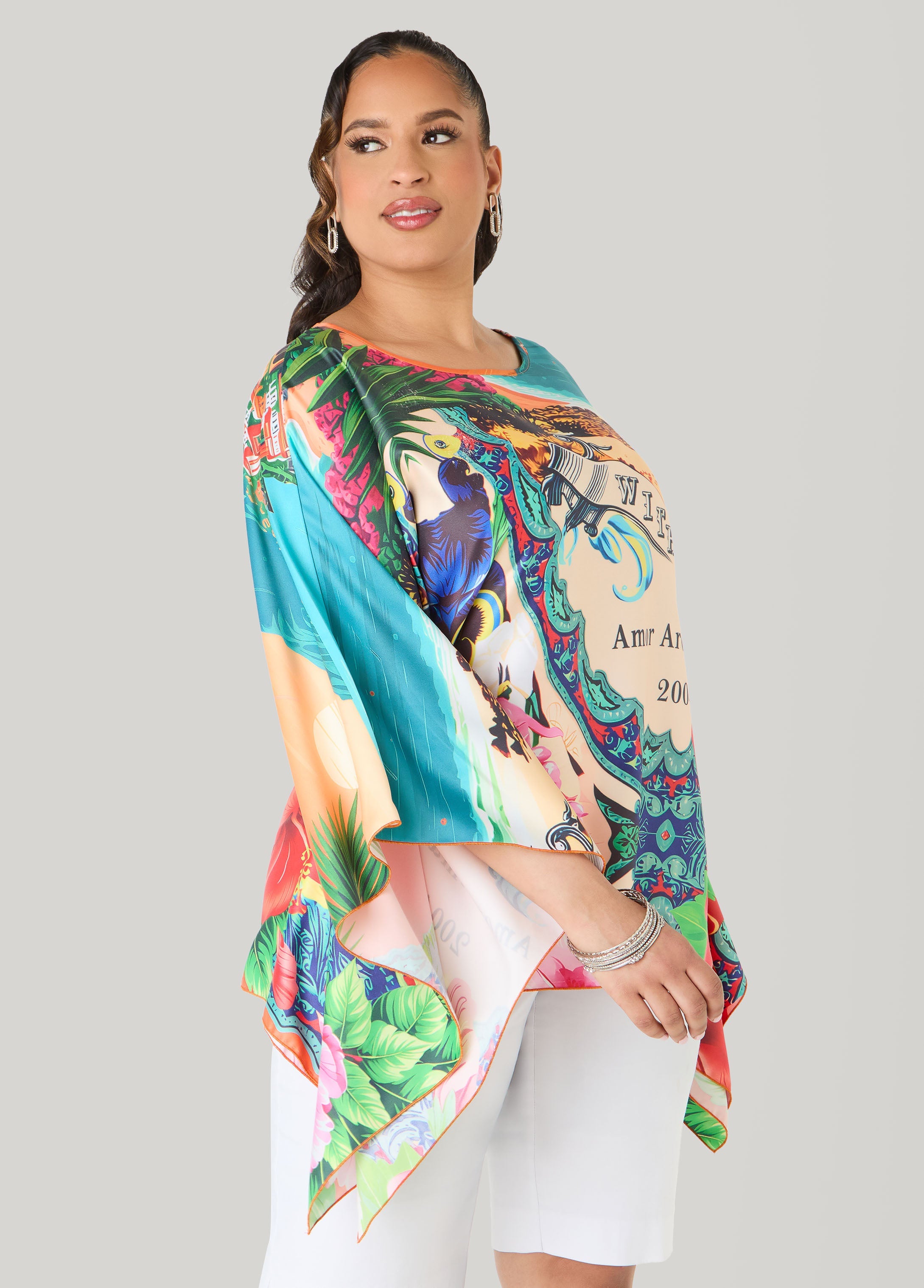 Postcard Print Satin Tunic Persimmon Orange | Ashley Stewart