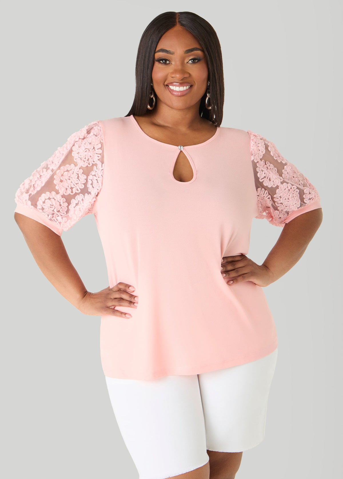 Keyhole Mesh Sleeved Top Blush | Ashley Stewart