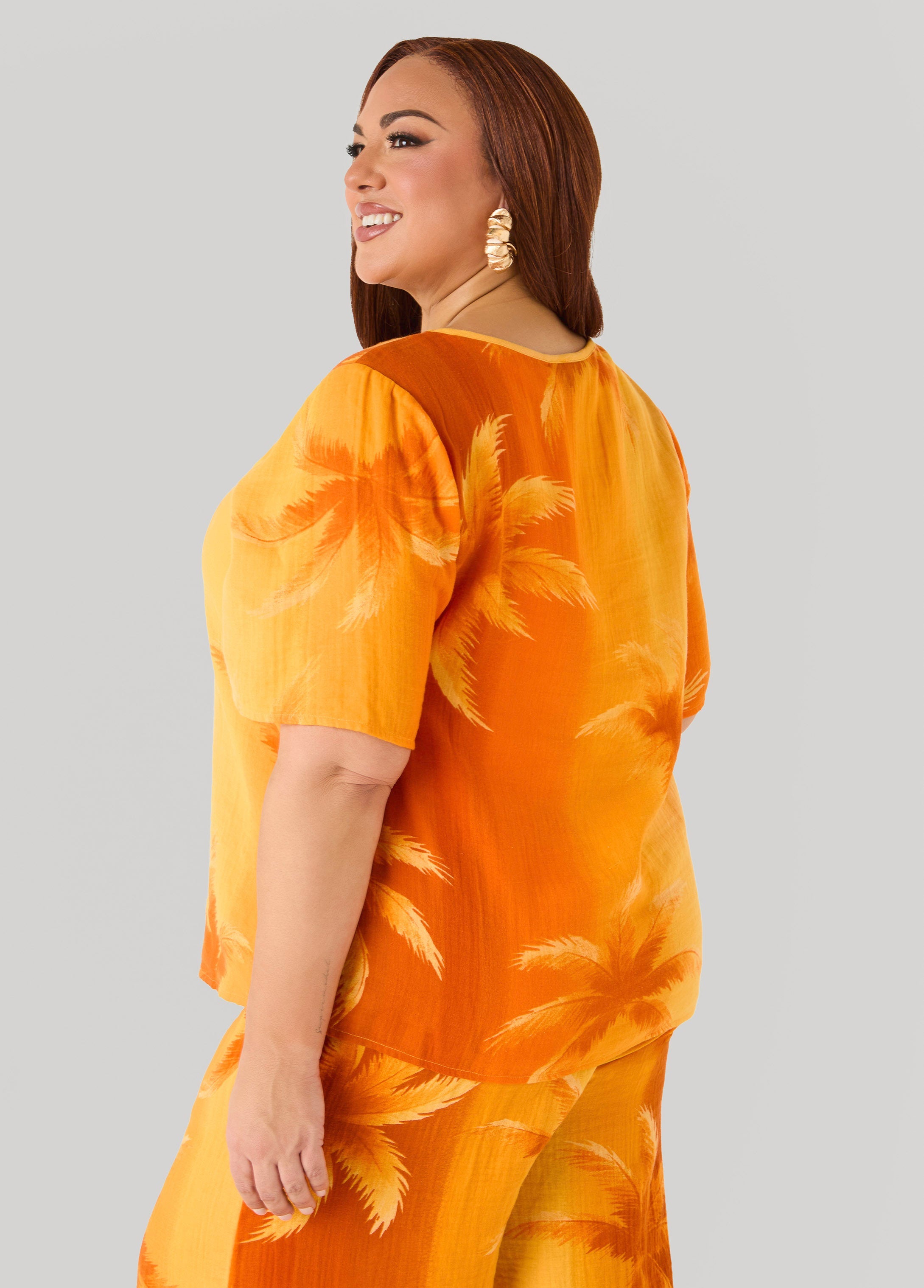 Palm Print Cotton Gauze Shirt Persimmon Orange | Ashley Stewart