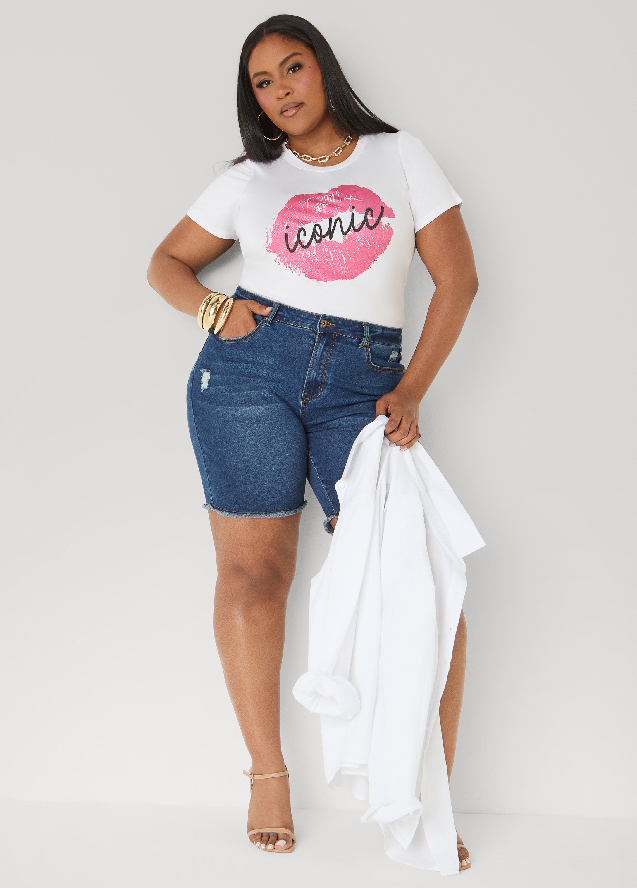 Iconic Glittered Graphic Tee White | Ashley Stewart