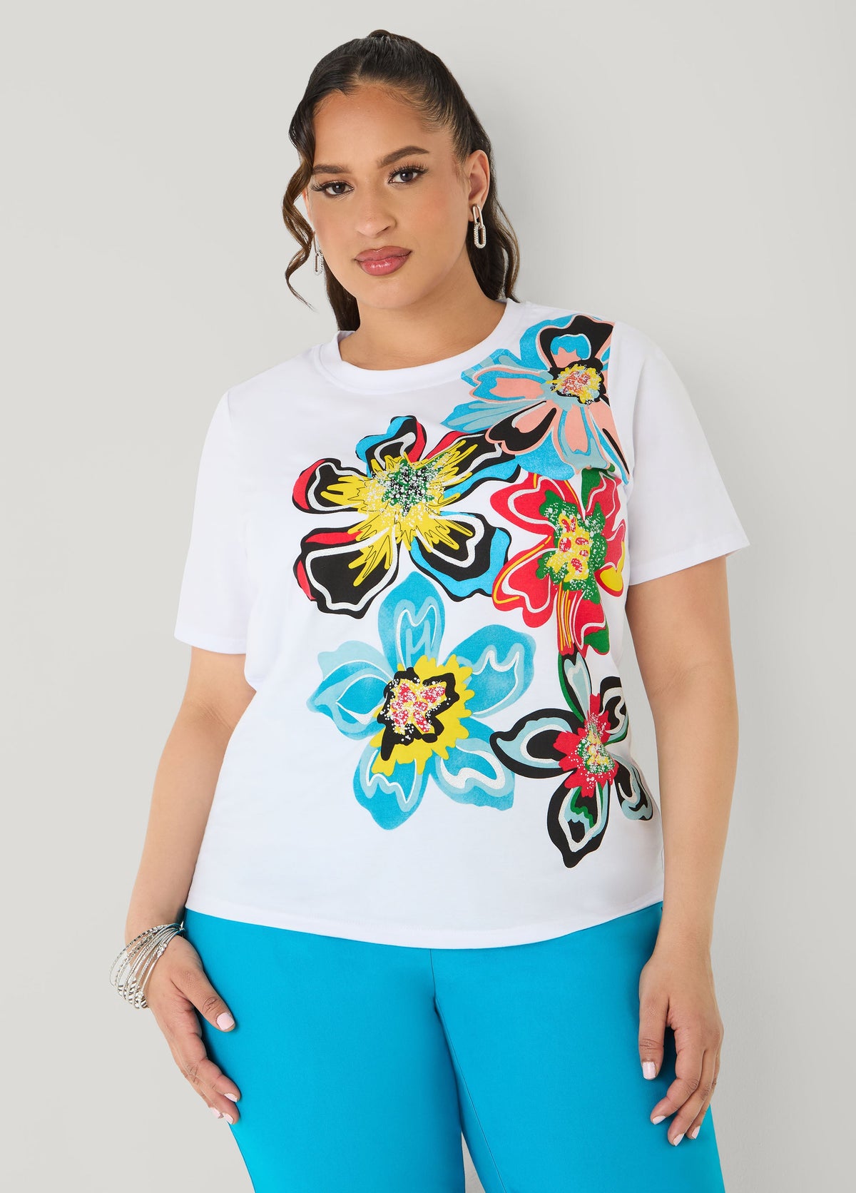 Glittered Floral Print Graphic Tee White | Ashley Stewart