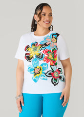 Glittered Floral Print Graphic Tee White | Ashley Stewart