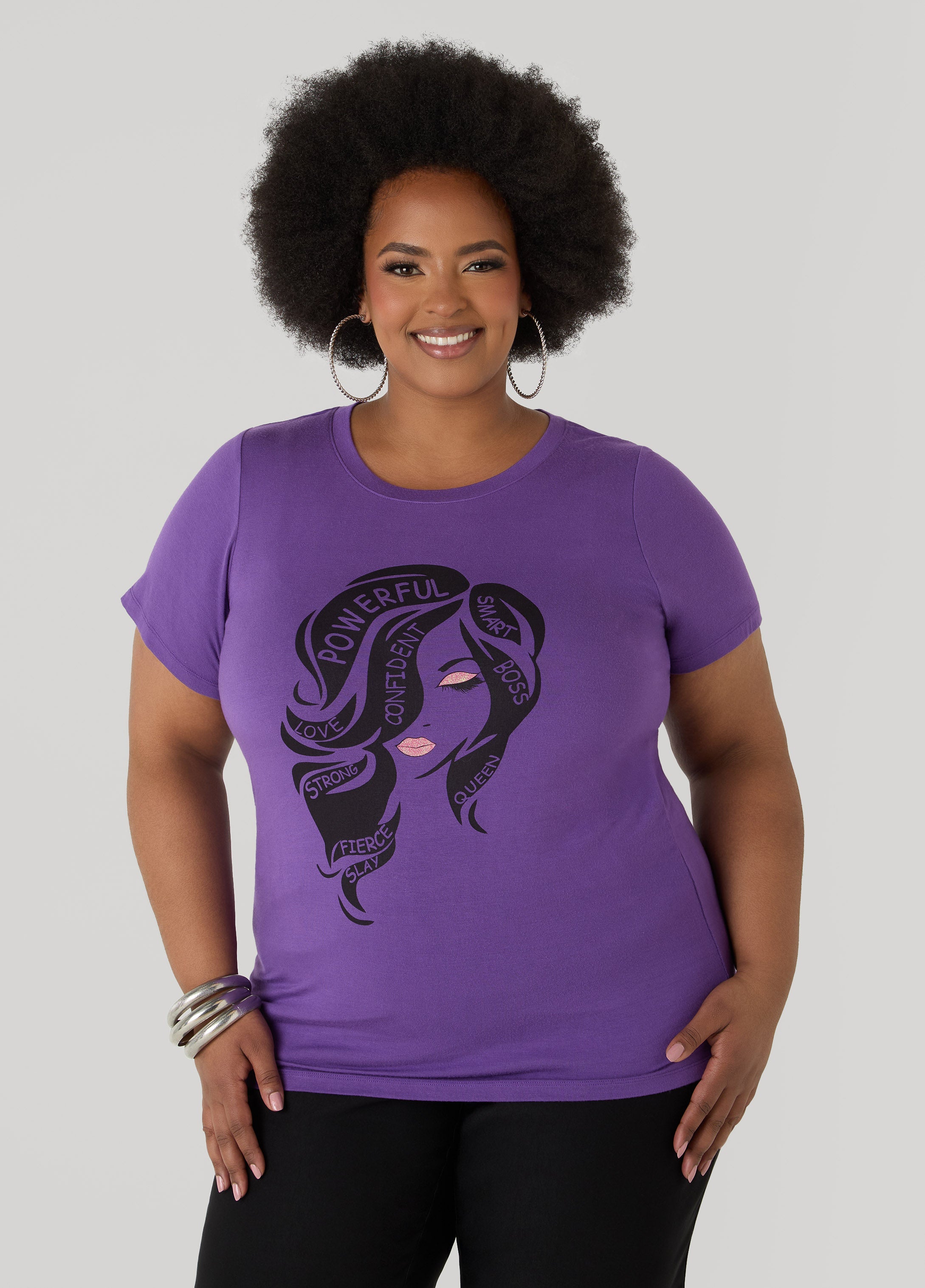 Powerful Glittered Graphic Tee Pansy | Ashley Stewart